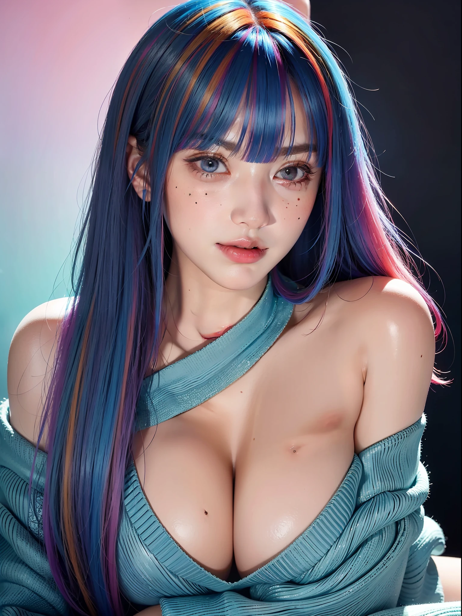 Best quality, masterpiece, super high resolution, multicolored hair, long hair, two moles under the eyes, gradient eyes, eyeballs, smile, evil, off-the-shoulder, character setting, close-up, surrealism, UHD, medium breast, colourful hair, ((blunt bangs)), blue eyes, really beautiful face, super beautiful face