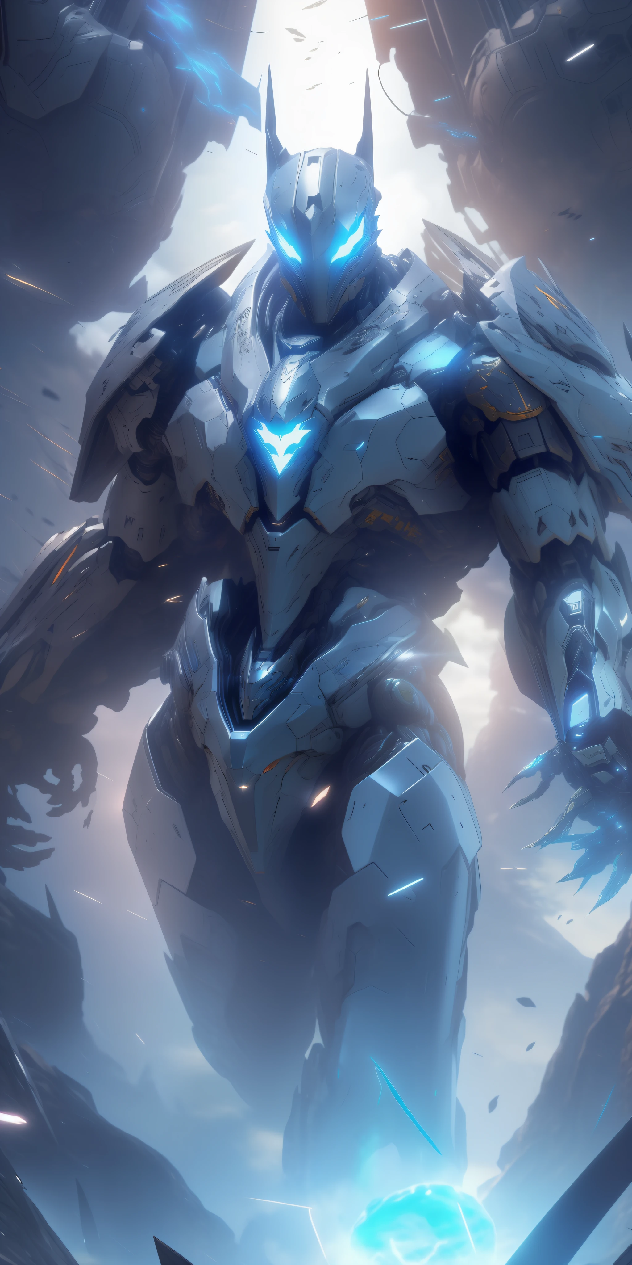 A closeup of a Batman standing in front of a mound of water, intrincada armadura mecha brilhante, este personagem tem Hidrocinese, terno mecha, Armadura refletida da cor do gelo da lasca, coberto com armadura de Metal preto completa, Estilo de mecha legal, ethereal and mecha theme, Arte Warframe, anime mecha aesthetic, cybernetic suit, Armadura Mecha, (armadura da cor preta com azul)