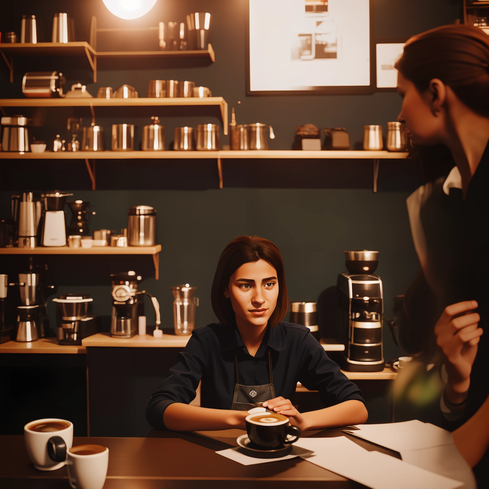 a girl sitting in a coffee shop, realistic