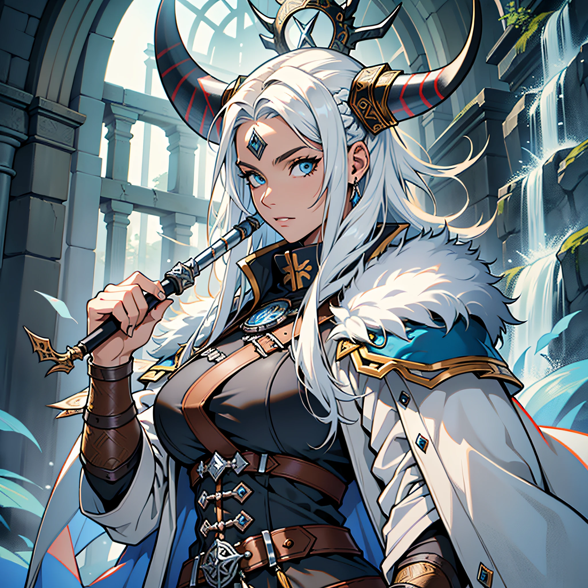 ((obra de arte)), ((idealizado)), Personagem druida mulher usando pele de lobo, utilizando uma armadura viking de couro, cabelo longo branco, whole body, overcoat clothes
