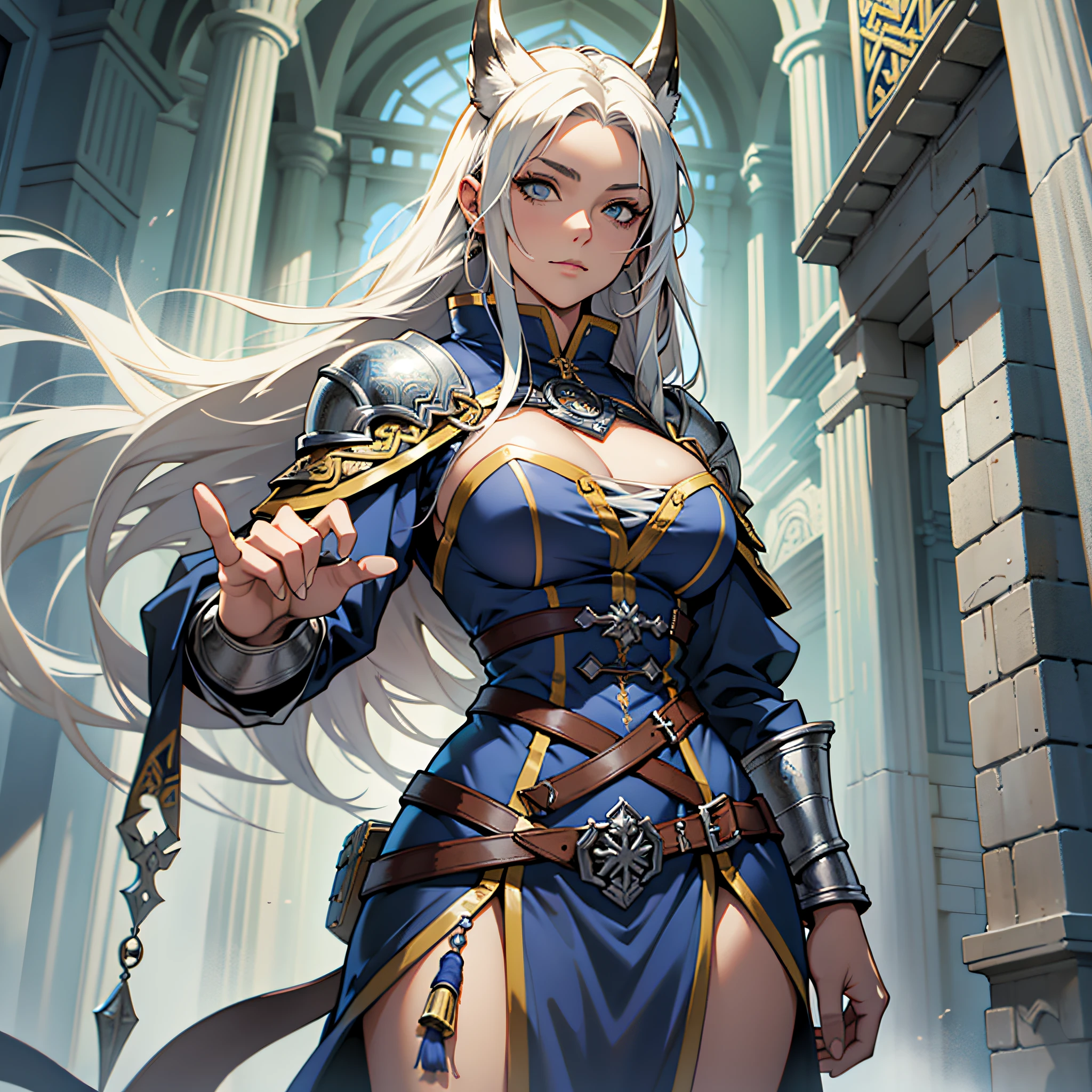 ((obra de arte)), ((idealizado)), Personagem druida mulher usando pele de lobo, utilizando uma armadura viking de couro, cabelo longo branco, whole body, overcoat clothes