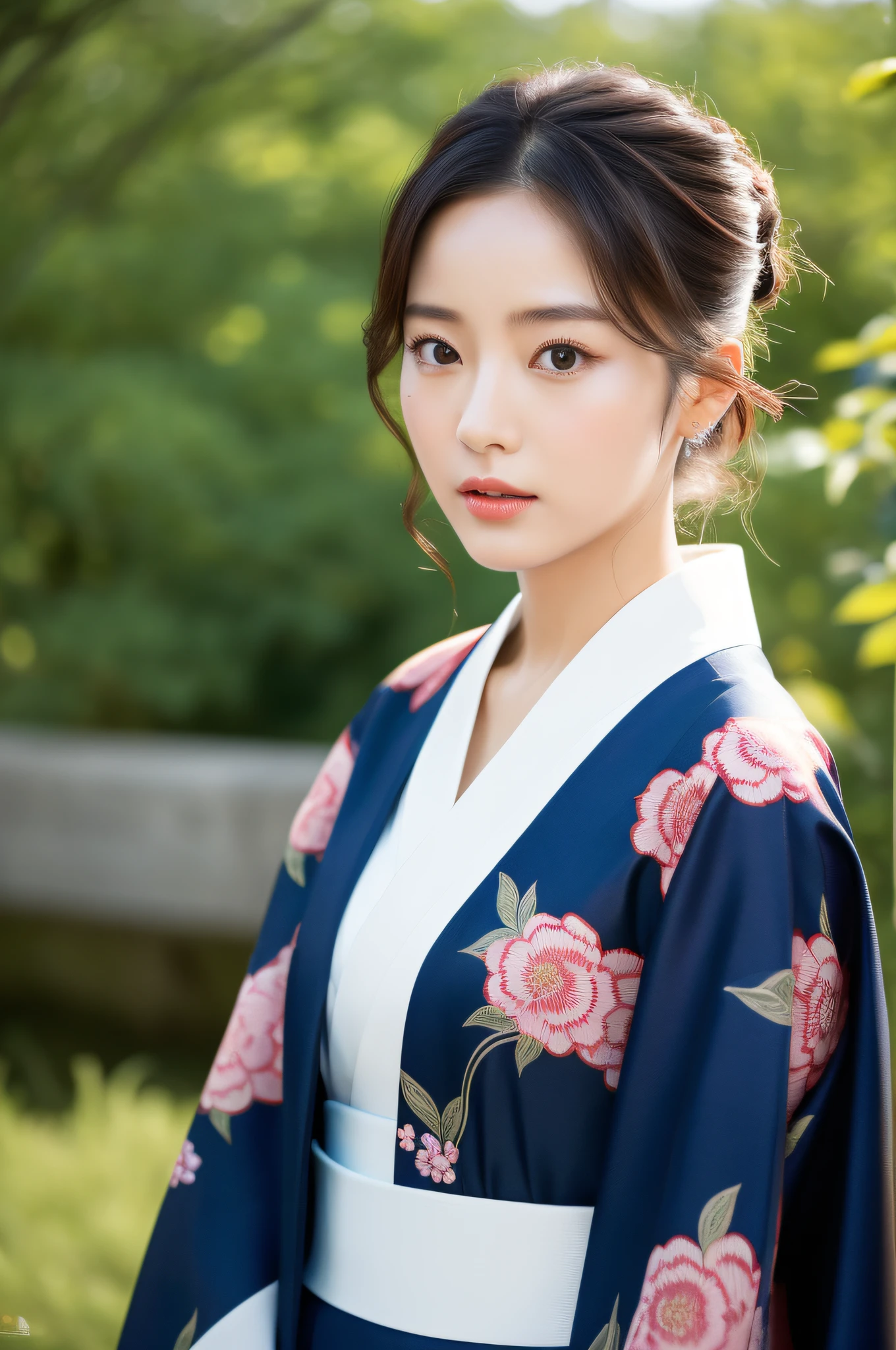 ((Top Quality, 8K, Masterpiece: 1.3)), Sharp Focus: 1.2, (Super Beautiful Face: 1.0), (Glossy Skin: 1.0), Realistic Photos, Black Hair, Realistic Pupils, Movie Lighting, Highly Detailed Eyes and Face, Movie Lighting, (Cowboy Shot: 1.0), (kimono, hakama, obi: 1.15), (Korean Cute Actress), in nature, classic kimono, good posture