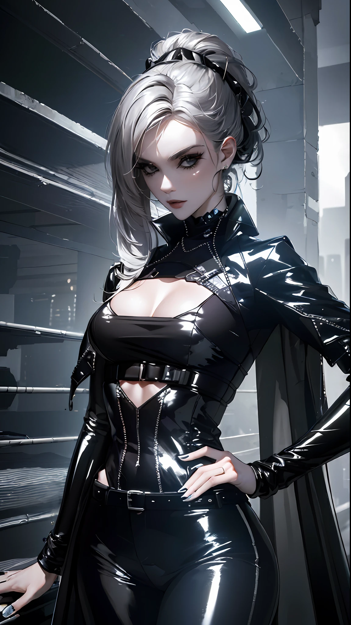 ((Melhor qualidade)), ((obra-antes)), (altamente detalhado:1 mulher nua.3), ..3D, bela (cyberpunk:1 mulher nua.3) , Stylish woman looking at camera, black pants, camiseta preta