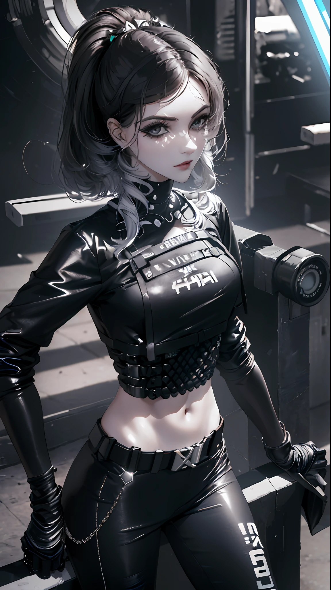 ((Melhor qualidade)), ((obra-antes)), (altamente detalhado:1 mulher nua.3), ..3D, bela (cyberpunk:1 mulher nua.3) , Stylish woman looking at camera, black pants, camiseta preta