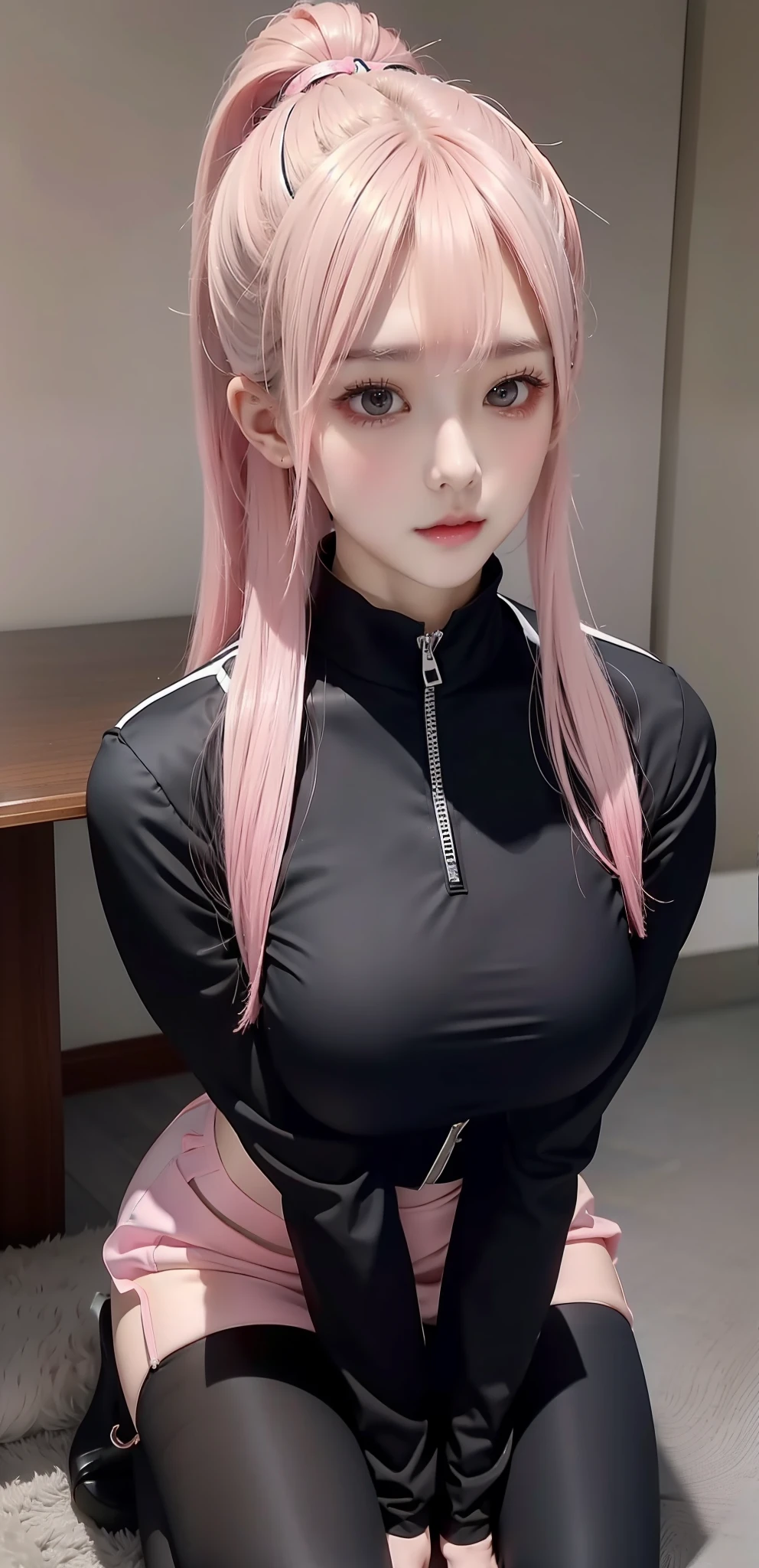Pink double ponytail,Perfect Korean 25 year old woman,Wearing a black tight gel suit,slave,,,kneeling,Aggrieved expression,big breasts,Mature