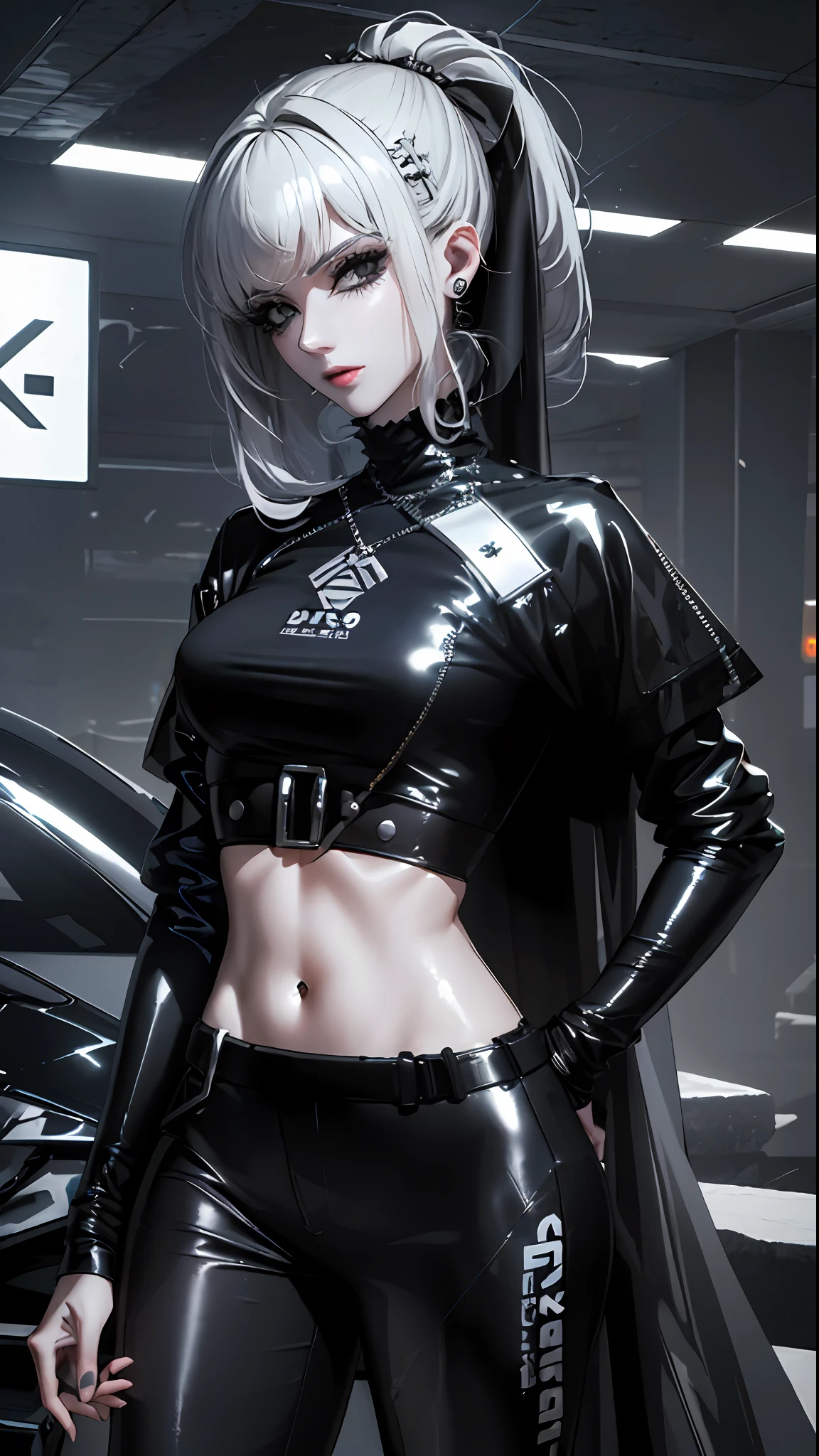 ((Melhor qualidade)), ((obra-antes)), (altamente detalhado:1 mulher nua.3), ..3D, bela (cyberpunk:1 mulher nua.3) , Stylish woman looking at camera, black pants, camiseta preta