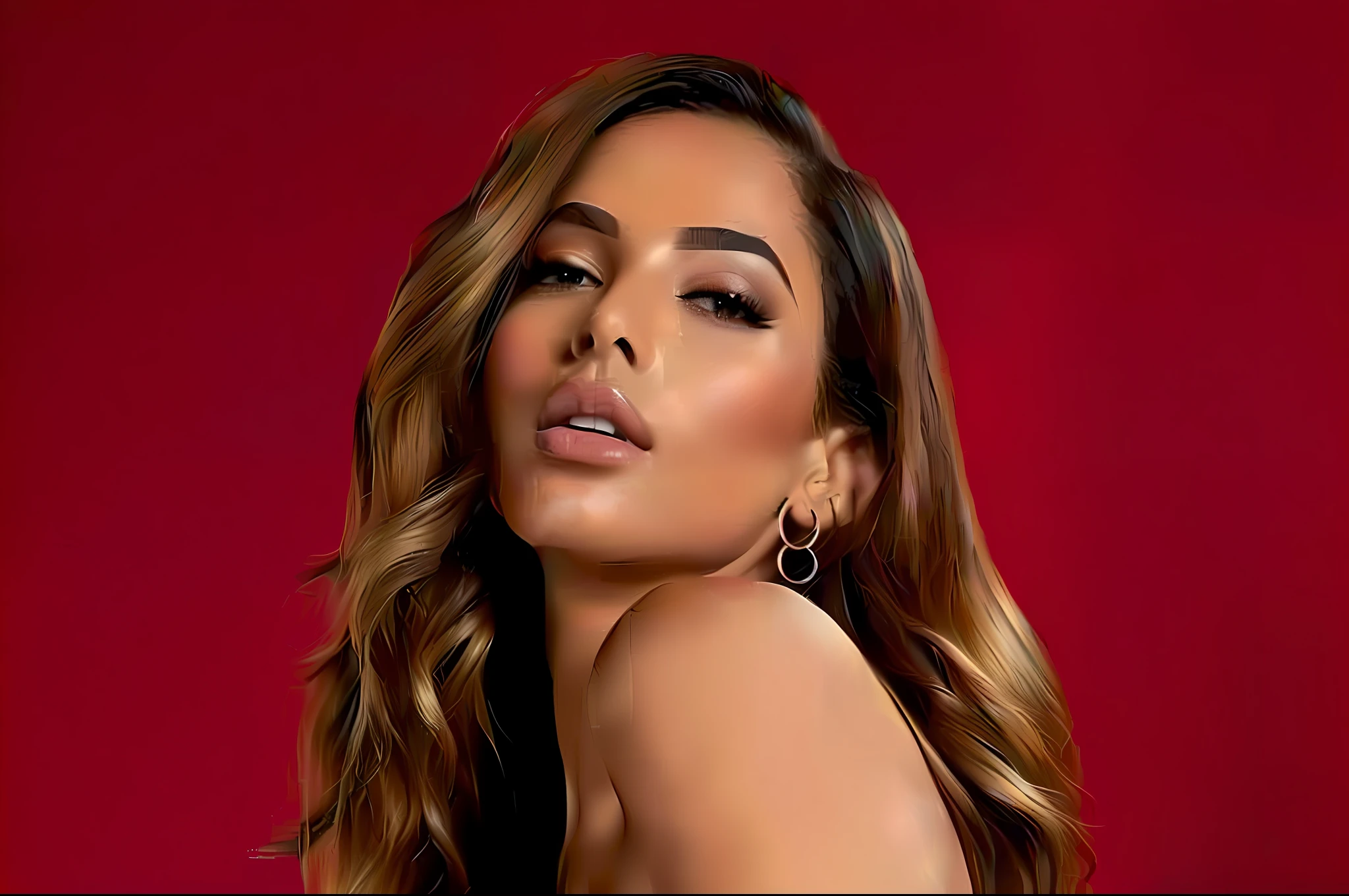 ((Uma mulher com cabelos longos e brincos de argola grandes posando para uma foto,Anitta do Brasil),alta qualidade, retrato colorido, sem marca d'water, fundo desfocado, vestindo roupas casuais, beautiful lighting, luz natural, pele suave, cores vibrantes)