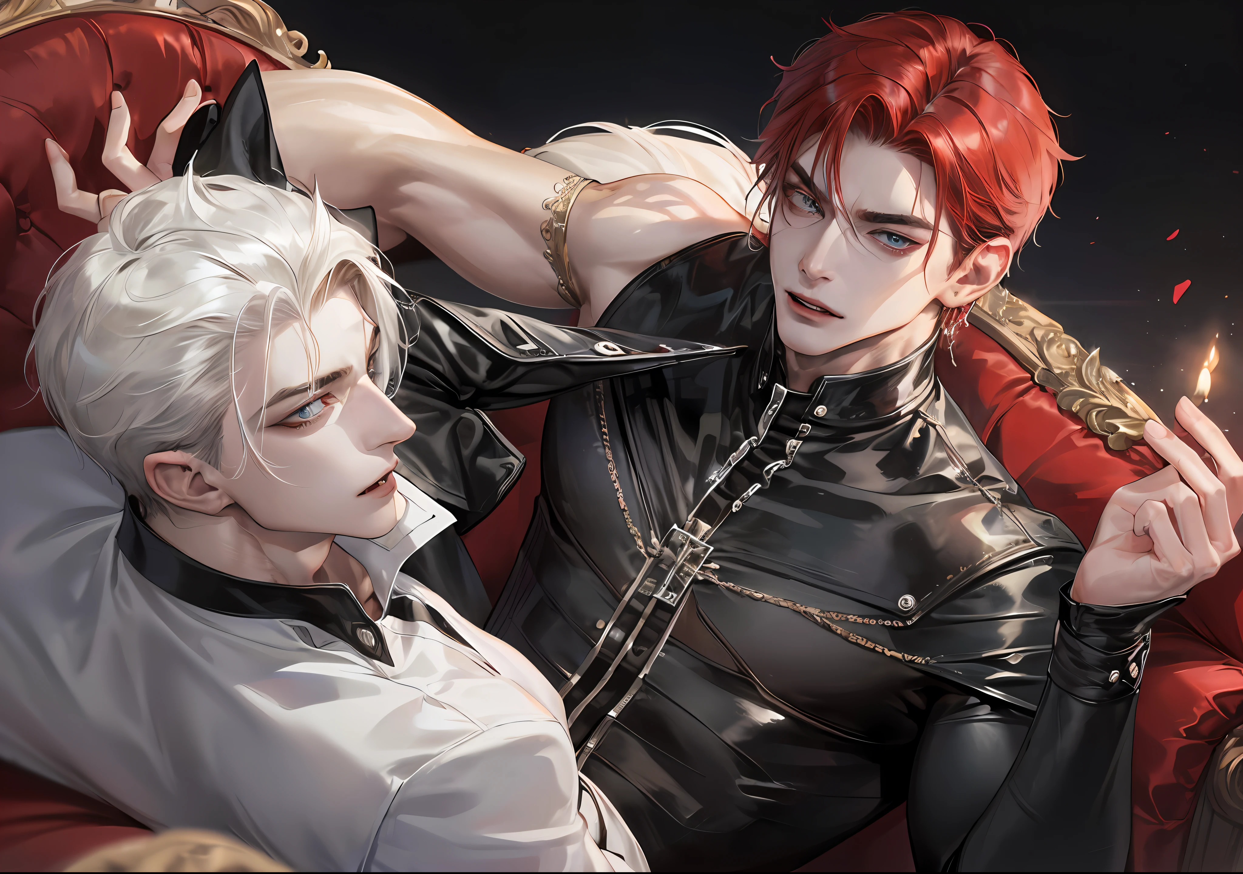 man, vampire, masculine, masculine face, attractive, muscular, ((1man)), masterpiece, absurdres, best quality ,intricate details , (shiny skin, shiny body, shiny oily luster skin, shiny hair, pale skintone), old castle, Sundown, attractive, ((muscular)), adult, one, tattoo in his chest ,black blouse, earrings, black pants, Don't look at the view , Not looking at the view, red short hair, perfect detailed face, perfect detailed hands, vampire fangs, blue eyes, ((MLS)), medium large shoot