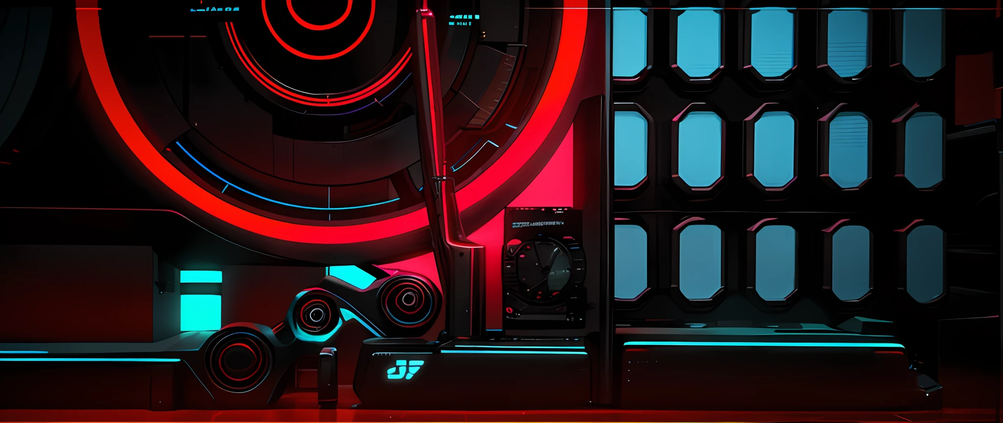 there is a neon display of a clock with a red light, style hybrid mix of beeple, mechanical features and neon, cinema 4d cinematic render, Tecnologia abstrata, foto de perfil 1024px, fundo synthwave, cores do bipe, synthwave aesthetic, redshift vibes, neon scales and cyborg tech, fundo do projetor techno neon --auto --s2
