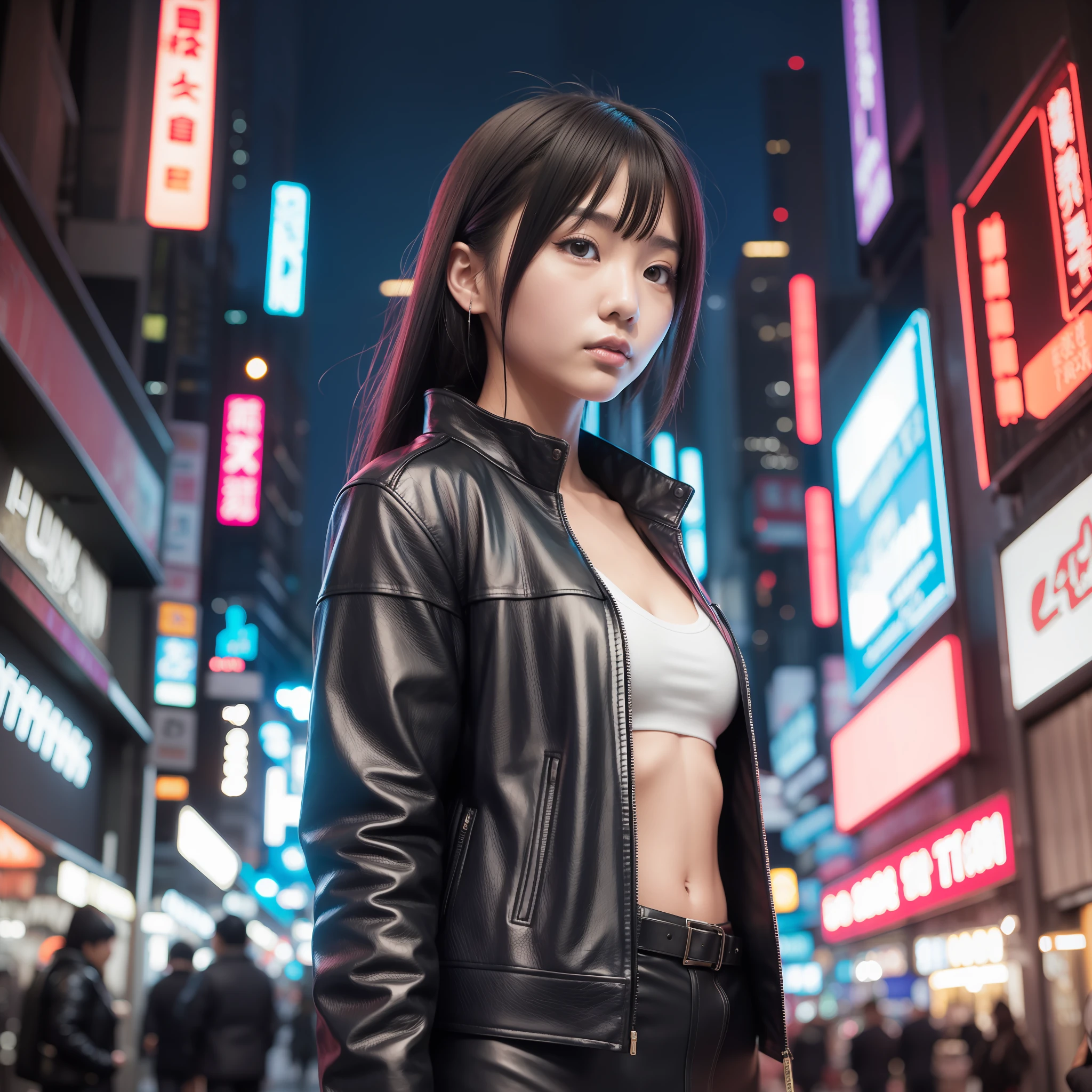 Young asian woman in leather jacket as cyberpunk character on city street. Night, neon signage, Japanese writing, Futuristic, Concept art, painting、, illuminated, Close Up, Detailed,, glowing.