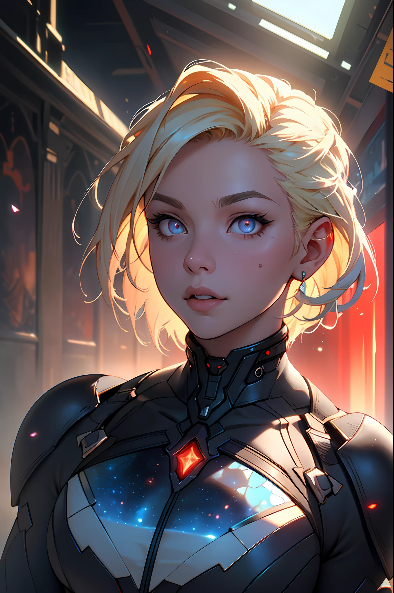 Highly detailed RAW color photo, beautiful young woman, short blonde hair, dynamic pose, (wide hips), (detailed skin), (detailed lips), (detailed eyes), (cosmic: 1.4), (necropolis: 1.1), (science fiction setting) (detailed face), (curvy), red clothing, detailed eyes, chromatic aberration, depth of field, soft lighting, masterpiece, best quality, intricate, (lens reflection: 0.7), (flowering: 0.7), particle effects, ray tracing,  tone mapping, highly detailed, concept art, smooth, sharp focus, dramatic lighting, highly detailed art, cinematic, hyper-realistic painting, trending on Artstation, 8K, amazing shadows, realistic, (highly detailed background: 1.2), mid-journey art