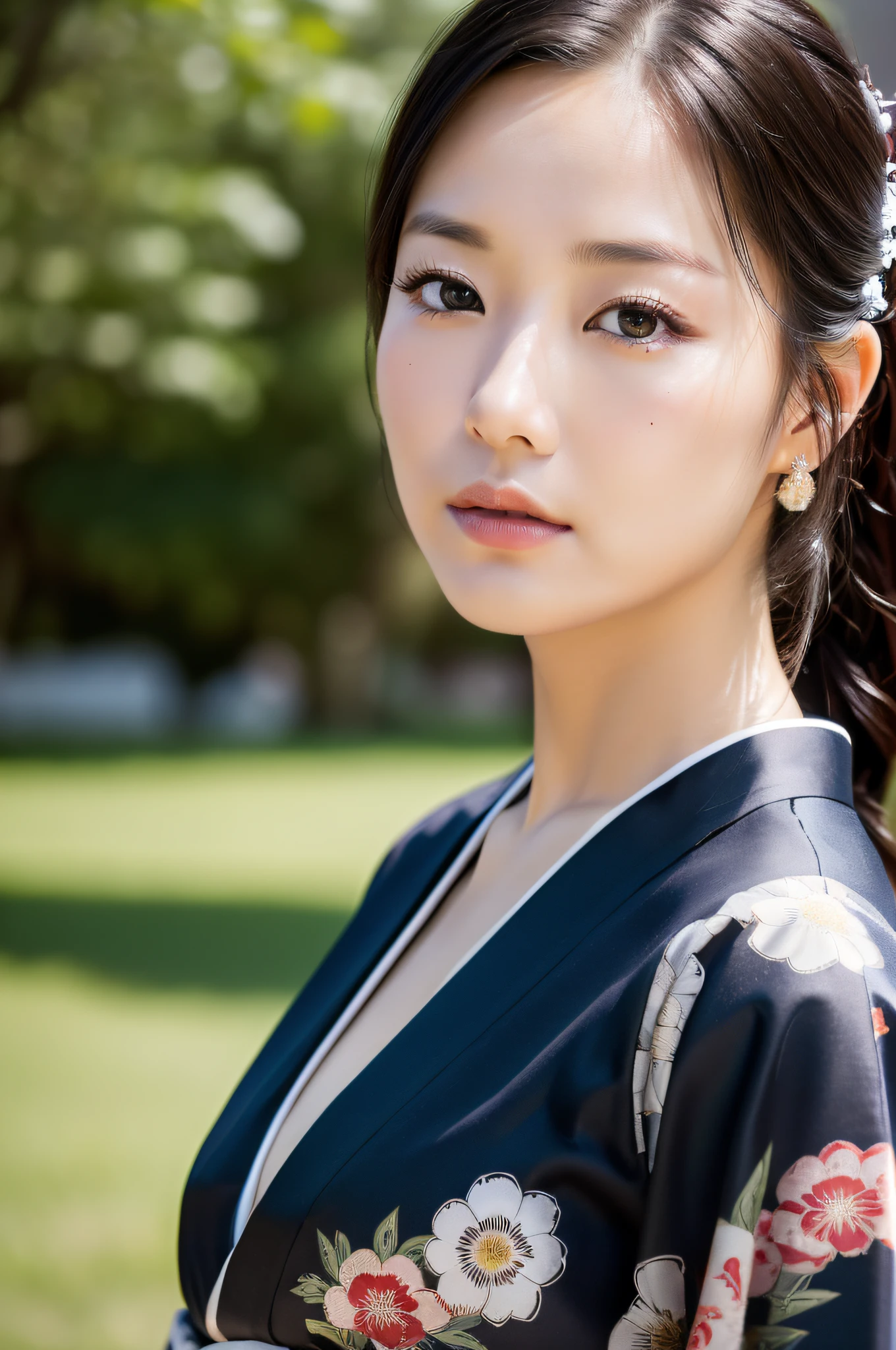 ((Top Quality, 8K, Masterpiece: 1.3)), Sharp Focus: 1.2, (Super Beautiful Face: 1.0), Realistic Photo, (Shiny Skin: 1.2), Realistic Photo, Black Hair, Realistic Pupil, Movie Lighting, Highly Detailed Eyes and Face, medium breasts, in nature, traditional kimono, cowboy shot