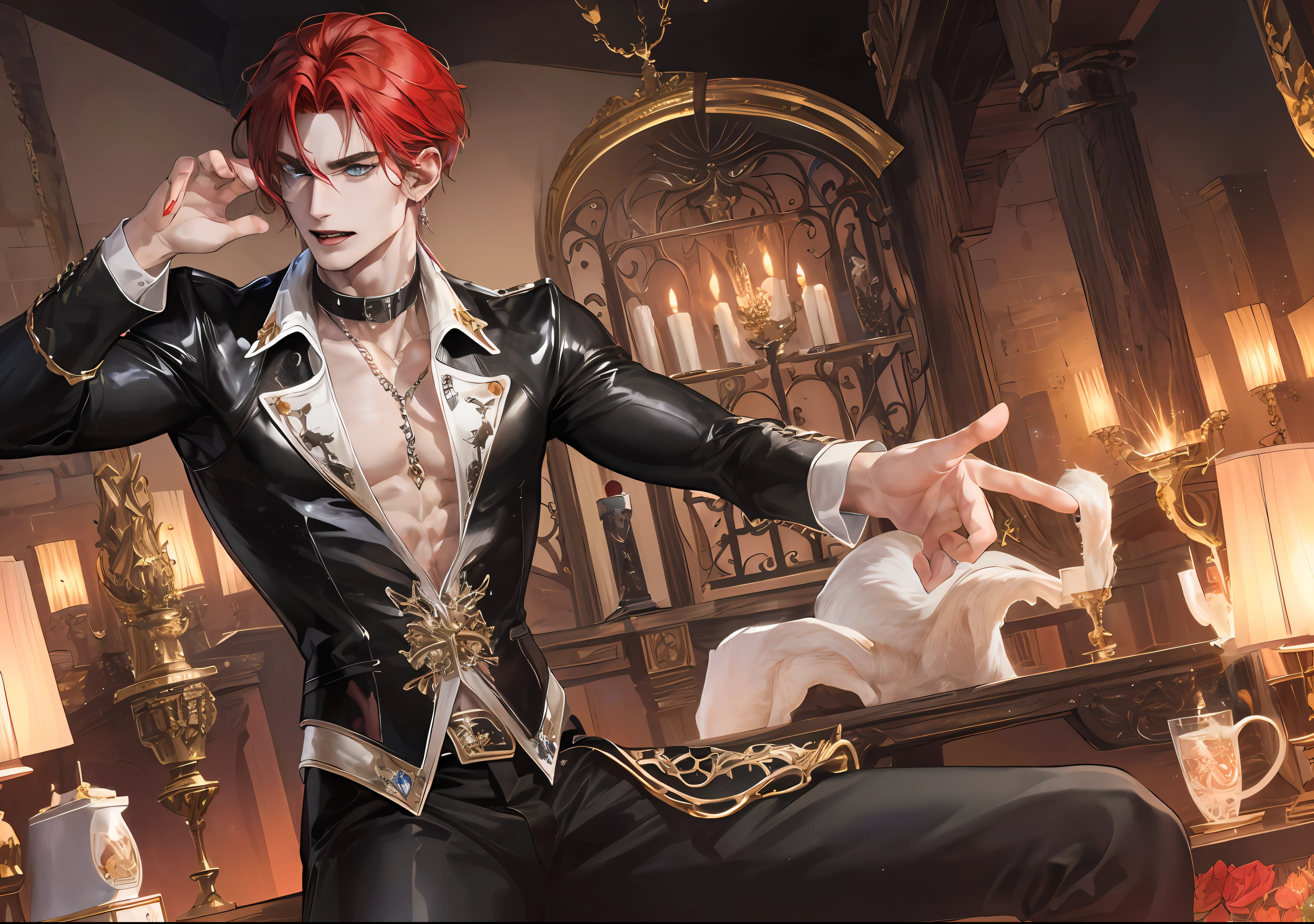 man, vampire, masculine, masculine face, attractive, muscular, ((1man)), masterpiece, absurdres, best quality ,intricate details , (shiny skin, shiny body, shiny oily luster skin, shiny hair, pale skintone), old castle, Sundown, attractive, ((muscular)), adult, one, tattoo in his chest ,black blouse, earrings, black pants, Don't look at the view , Not looking at the view, red short hair, perfect detailed face, perfect detailed hands, vampire fangs, blue eyes, ((MLS)), medium large shoot
