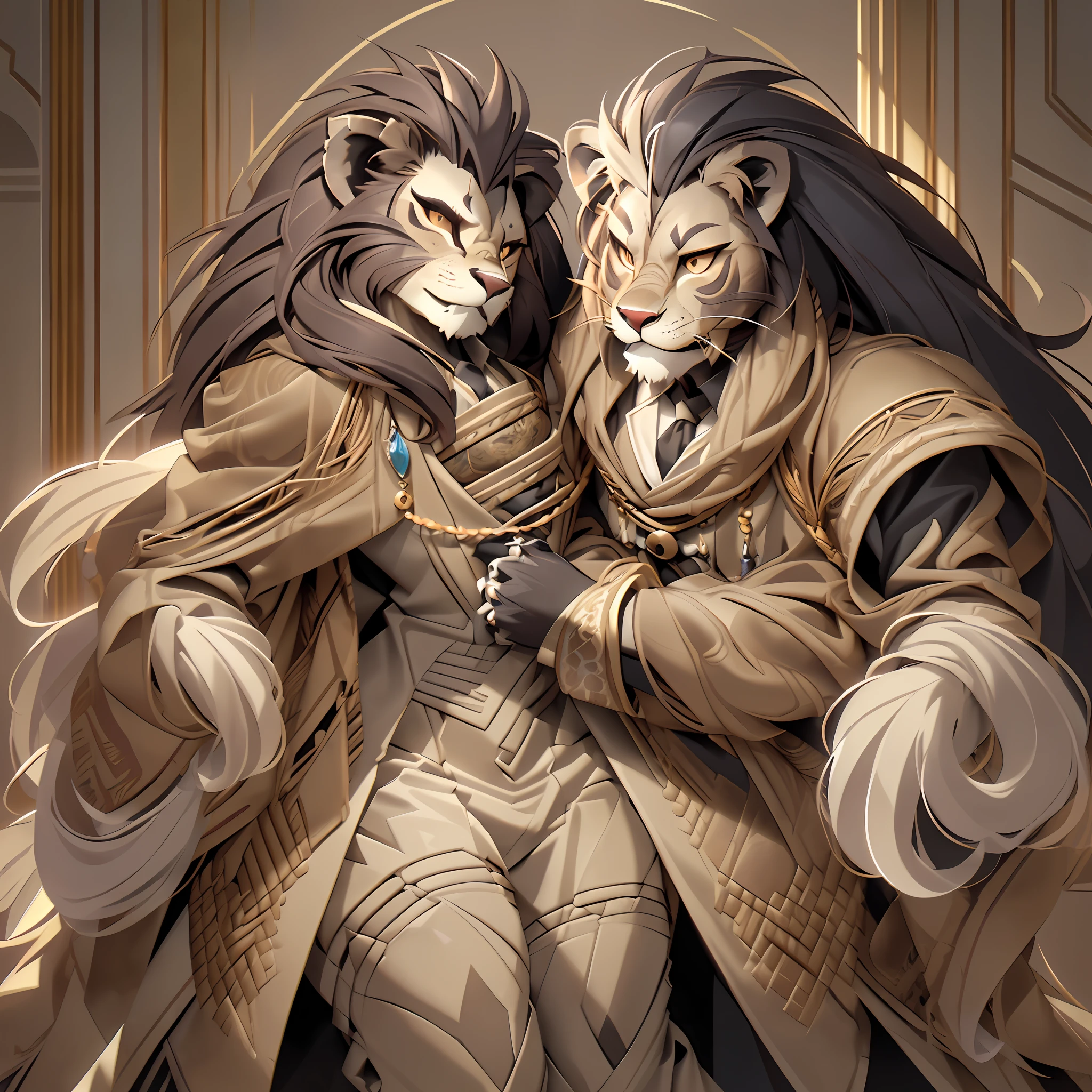 Top quality ultra-fine illustrations, Reality and vitality, Expression of dense muscles, Coats that skillfully reflect light, dynamism, energy, elegance, Luxury, Harmony with space, Passionate expressiveness(classic concert, opera house, Backlighting)(beautiful face and eyes with great detail)absurdres perfect anatomy((Beastman))(Furry, tuxedo)(furry anthro:1.7)(((furry body, Lion facial features, The characteristic body of a lion)))(((lion's muzzle very detailed fur)))full body, fighting phose, Invincible smile(portrait),