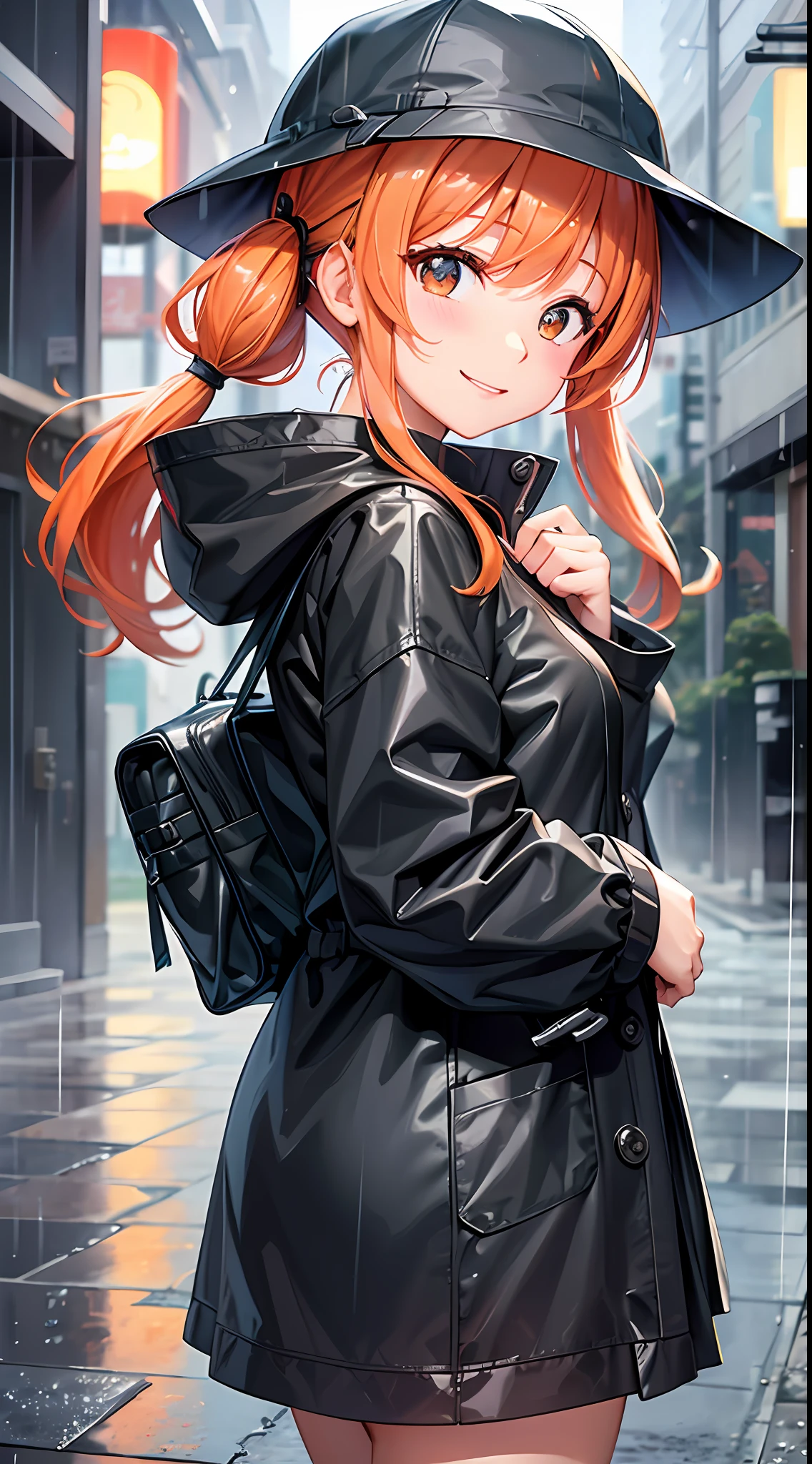 morning、Rain background、Wearing a raincoat、1GIRL、Pretty girl、Orange hair twintails、high image quality、smile、、、、、、、、Beautiful raindrops、2D illustration、A masterpiece、Watching the viewer、cityscape, tokyo scenery,