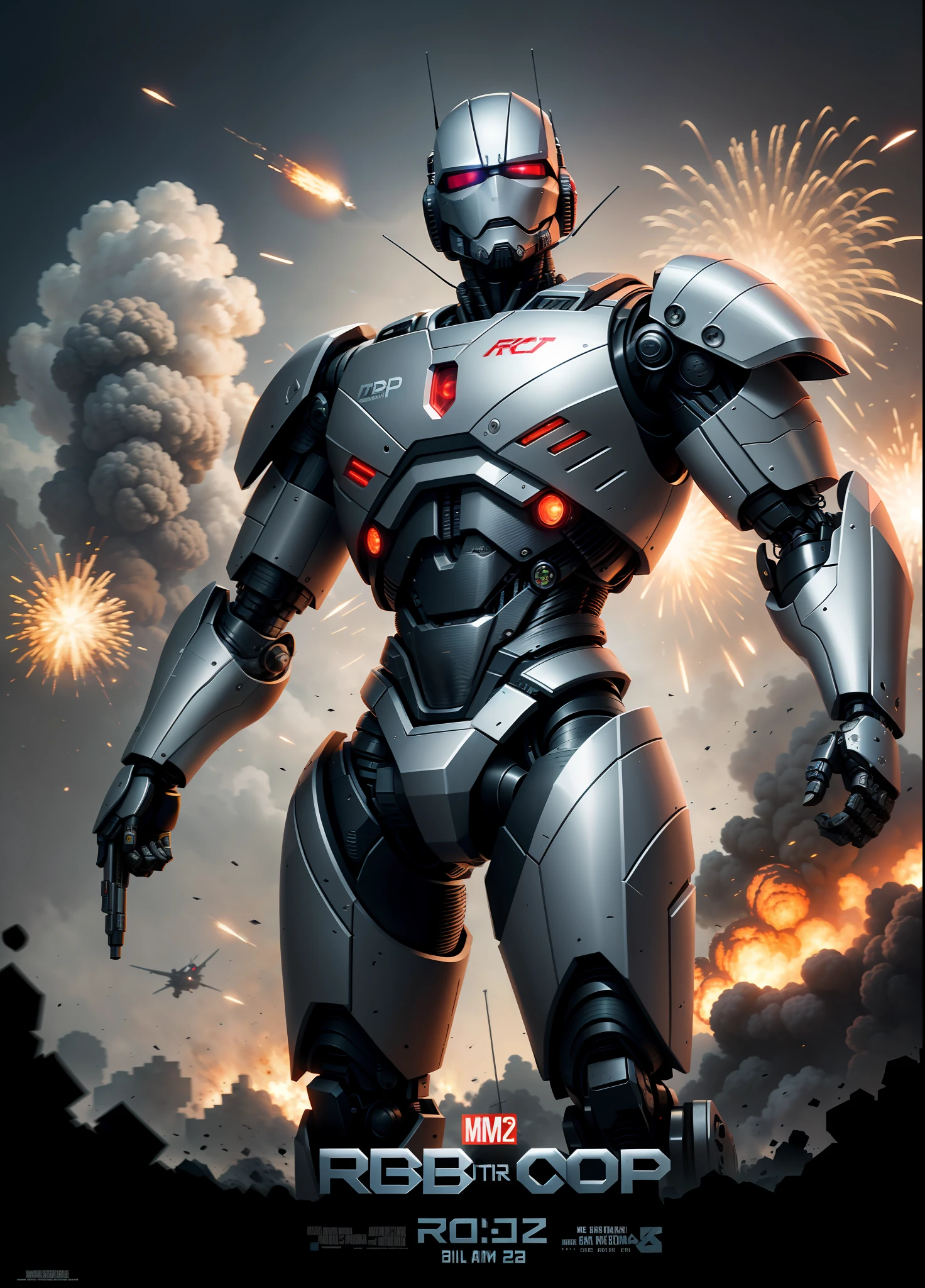 robocop cyborg dispara arma grande , with explosions behind, cartaz do filme