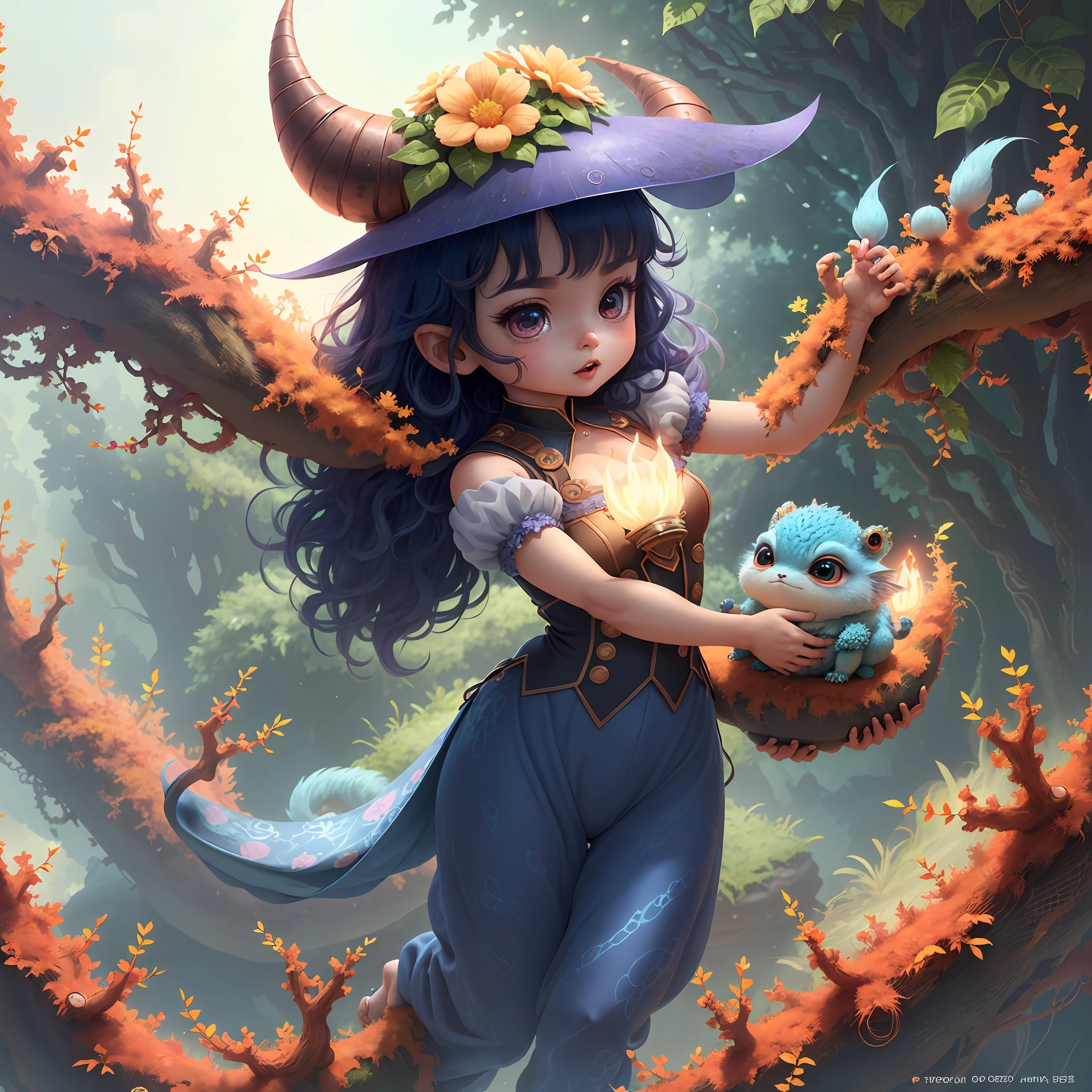 (extremely cute and delicate CG illustration, ultra-detailed and ultra-high quality), best illumination, best shadow, an extremely cute and adorable cu73cre4ture (agama), with big round eyes and a small cute mouth, small horns on its head, vibrant and vivid colors, dynamic angle, dynamic pose, floating, in a magical and enchanting place, with lush vegetation and vibrant flowers.