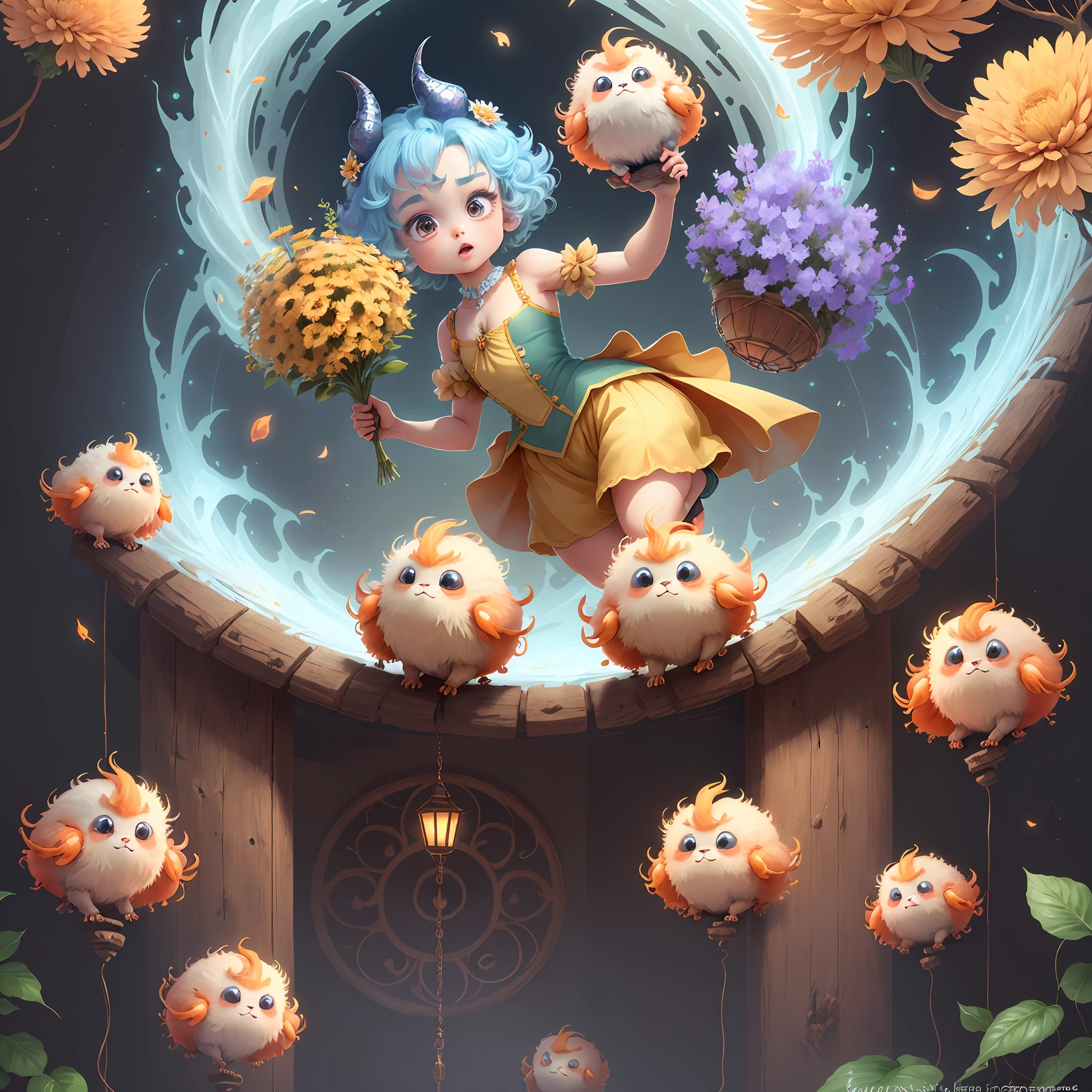 (extremely cute and delicate CG illustration, ultra-detailed and ultra-high quality), best illumination, best shadow, an extremely cute and adorable cu73cre4ture (agama), with big round eyes and a small cute mouth, small horns on its head, vibrant and vivid colors, dynamic angle, dynamic pose, floating, in a magical and enchanting place, with lush vegetation and vibrant flowers.