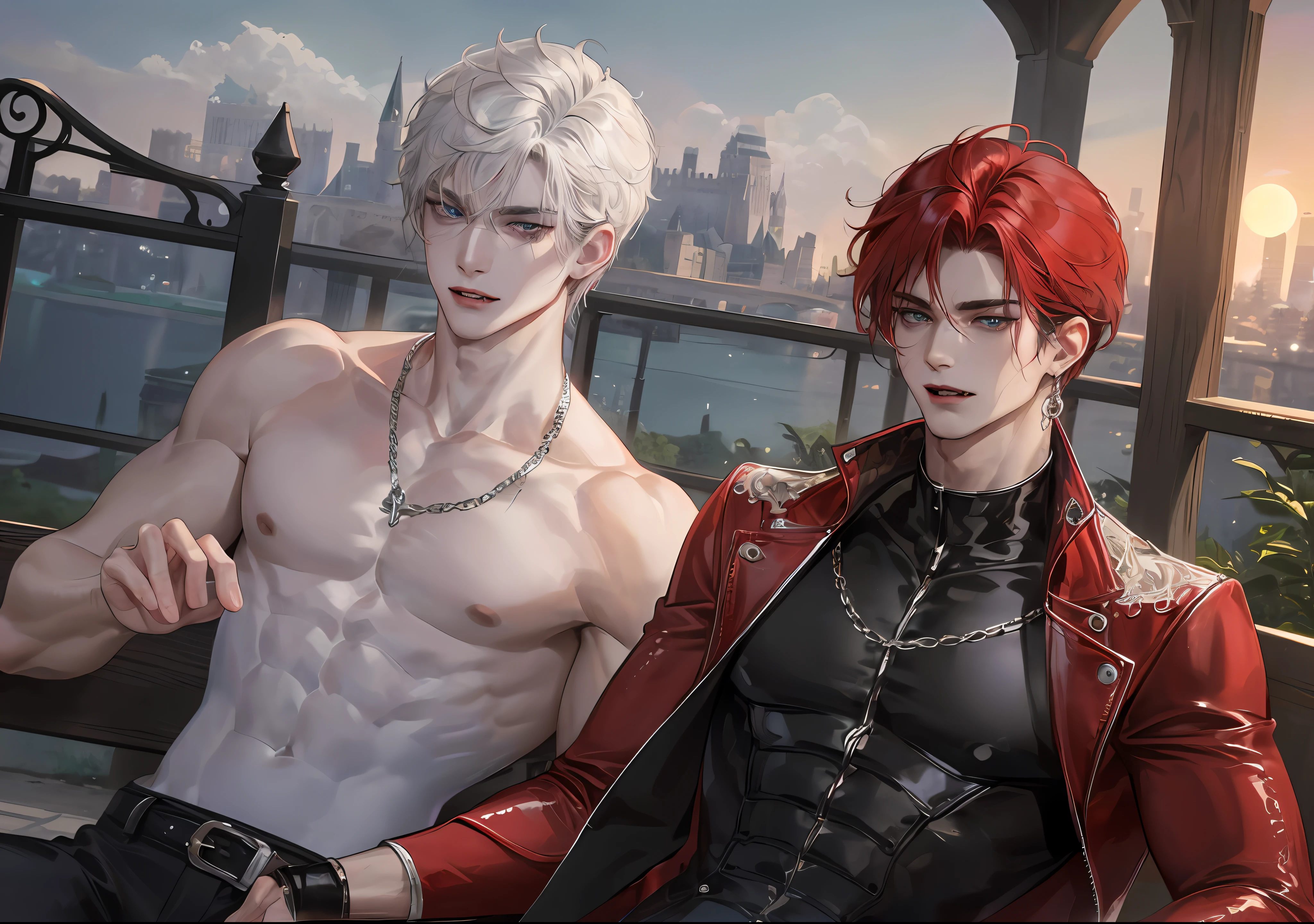 man, vampire, masculine, masculine face, attractive, muscular, ((1man)), masterpiece, absurdres, best quality ,intricate details , (shiny skin, shiny body, shiny oily luster skin, shiny hair, pale skintone), old castle, Sundown, attractive, ((muscular)), adult, one, tattoo in his chest ,black blouse, earrings, black pants, Don't look at the view , Not looking at the view, red short hair, perfect detailed face, perfect detailed hands, vampire fangs, blue eyes, ((MLS)), medium large shoot