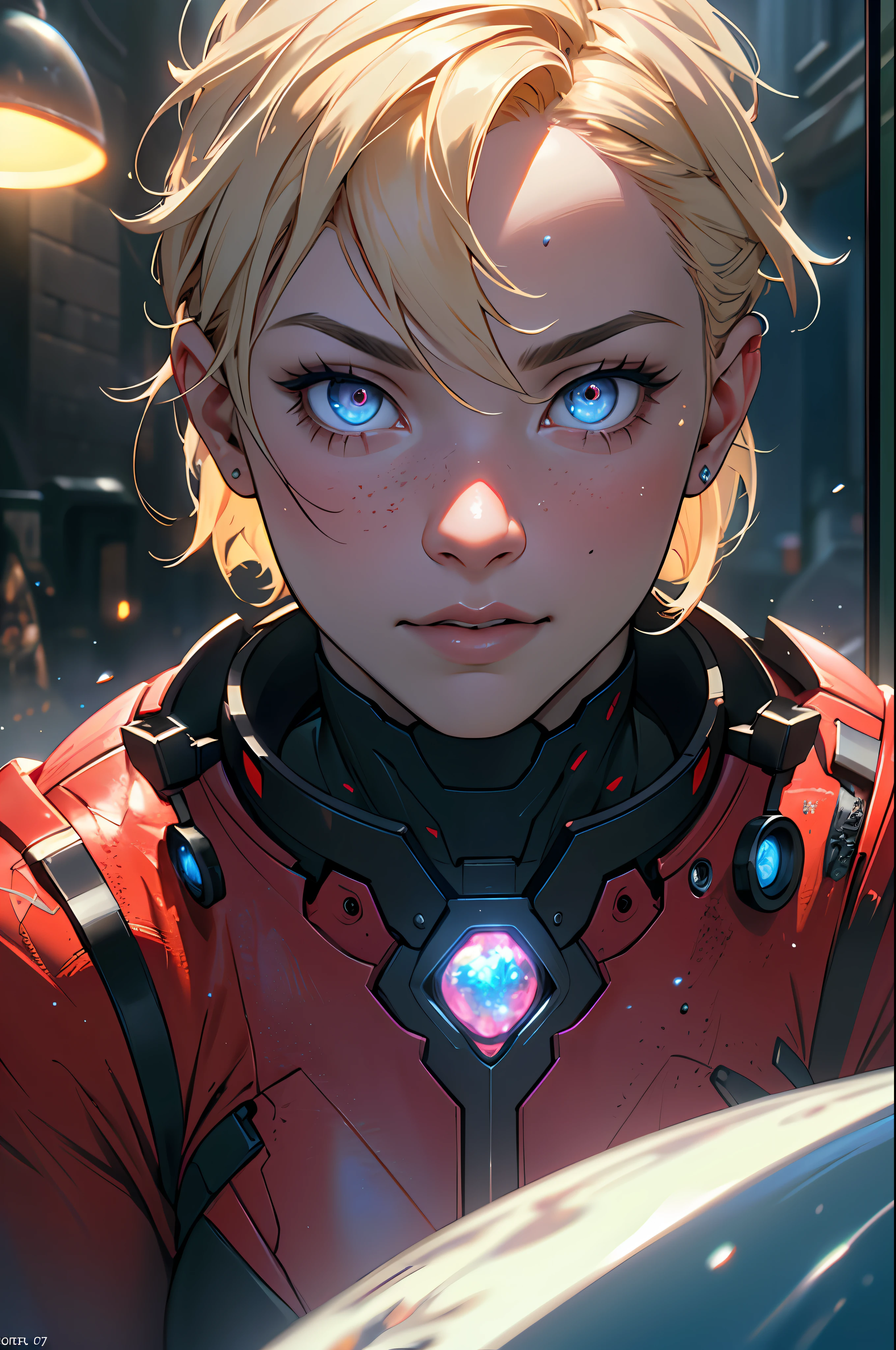 Highly detailed RAW color photo, beautiful young woman, short blonde hair, dynamic pose, (wide hips), (detailed skin), (detailed lips), (detailed eyes), (cosmic: 1.4), (necropolis: 1.1), (science fiction setting) (detailed face), (curvy), red clothing, detailed eyes, chromatic aberration, depth of field, soft lighting, masterpiece, best quality, intricate, (lens reflection: 0.7), (flowering: 0.7), particle effects, ray tracing, tone mapping, highly detailed, concept art, smooth, sharp focus, dramatic lighting, highly detailed art, cinematic, hyper-realistic painting, trending on Artstation, 8K, amazing shadows, realistic, (highly detailed background: 1.2), mid-journey art