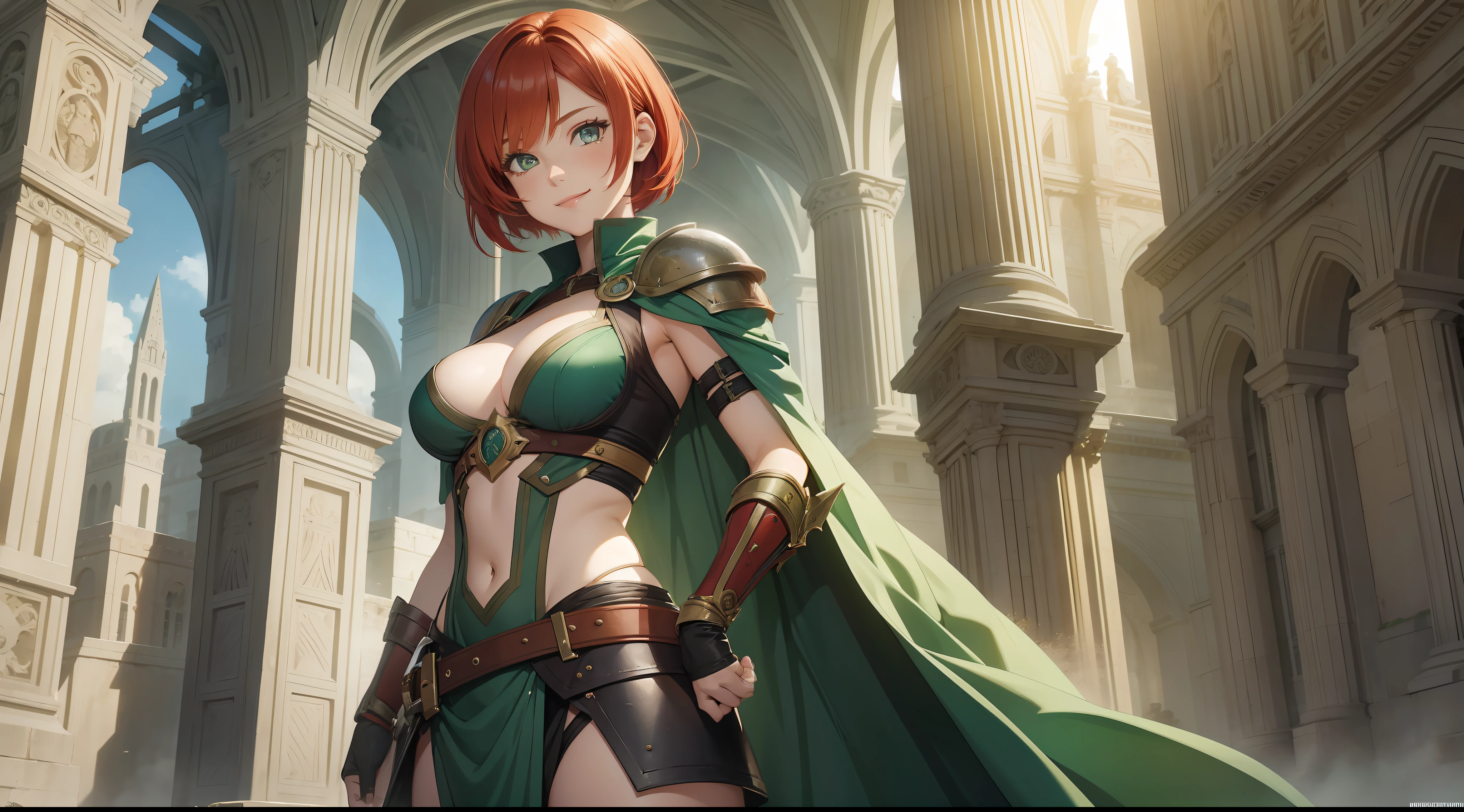 a girl, warrior, redhead, short hair, bright green eyes, beautiful breasts, hair between eyes, bangs, full body, confident, heroic posture, smiling, fantasy, medieval, rays of sun
