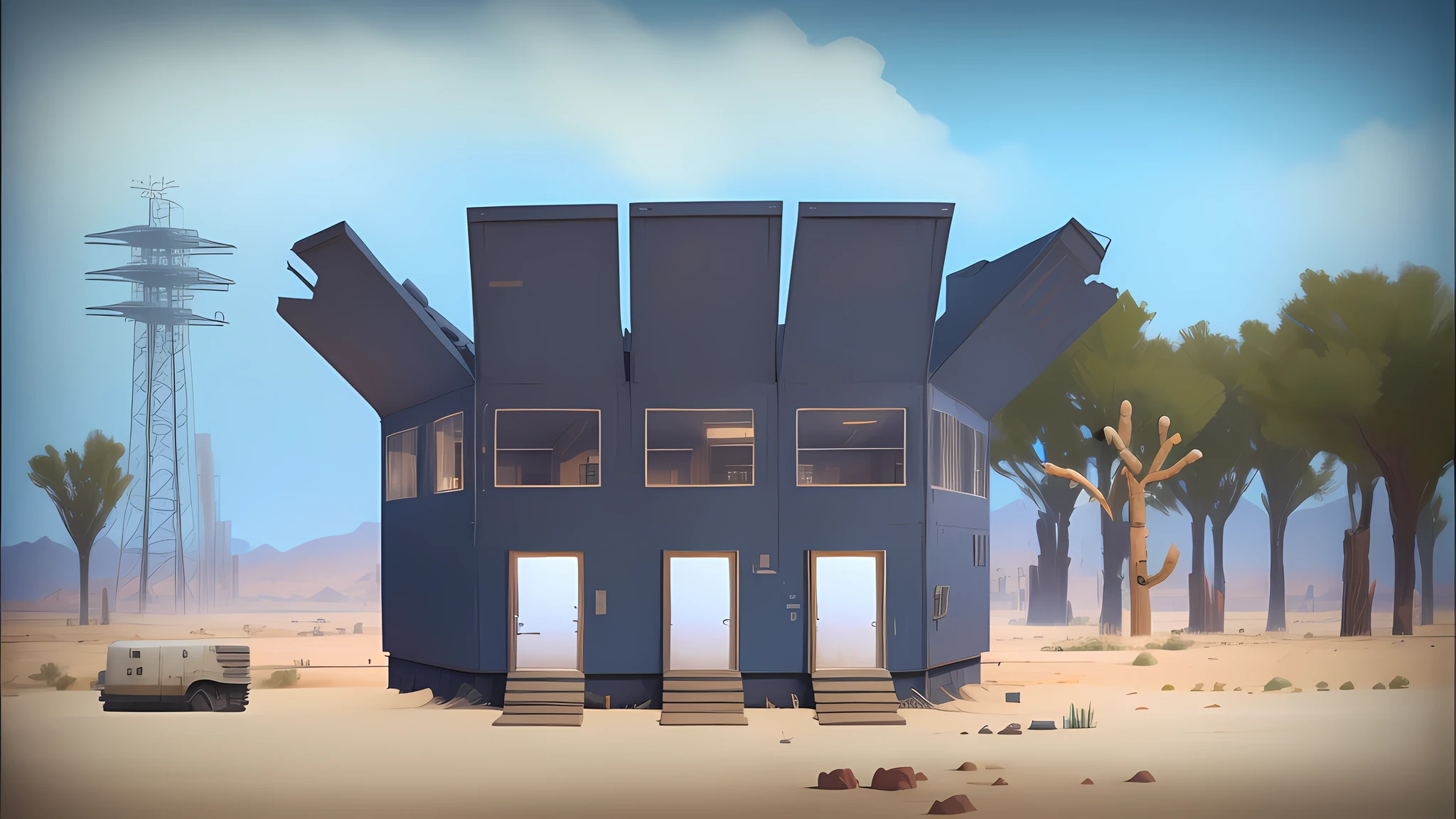 there is a small building made of wood in the middle of a desert, symmetrical outpost, futuristic outpost building, overwatch building, research outpost, estilo Stalenhag, casa improvisada, mining outpost, casa de metal fundido, Simin Stalenhag, military outpost, Stalenhag, Post building-apocalyptic, casa futurista, inspirado em Dennis Miller Bunker, thicc build