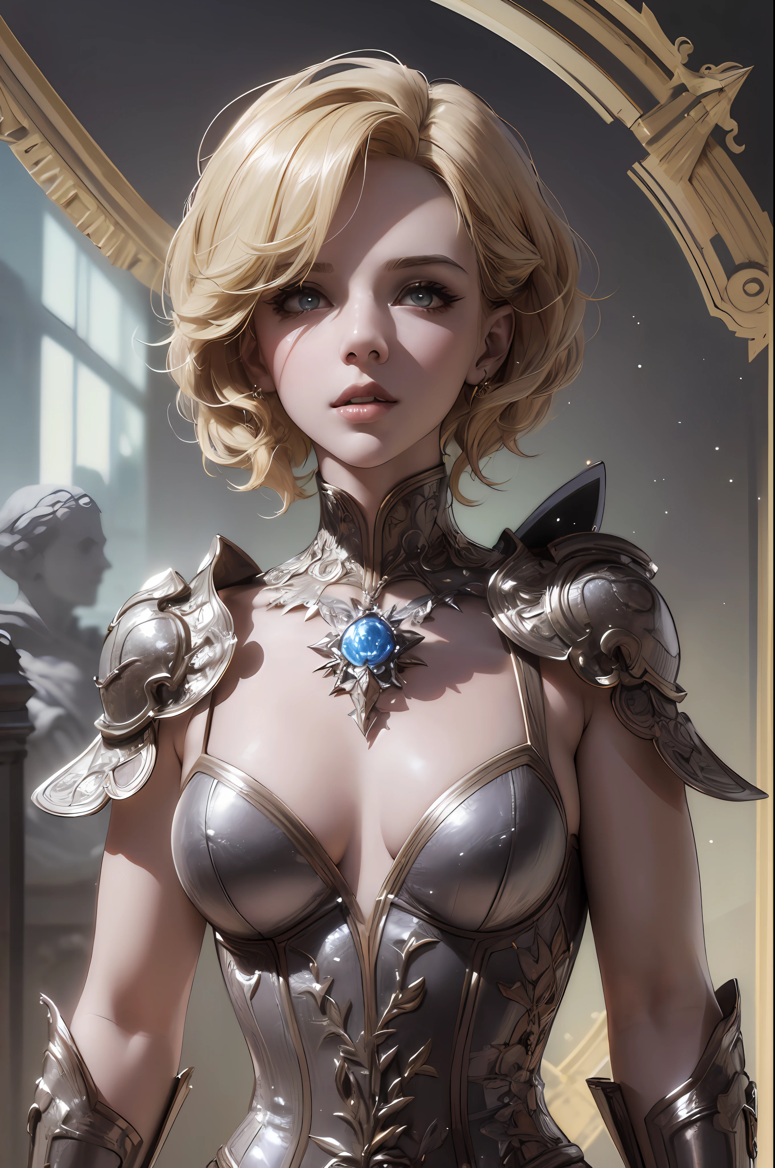 Highly detailed RAW color photo, beautiful young woman, short blonde hair, dynamic pose, (wide hips), (detailed skin), (detailed lips), (detailed eyes), (cosmic: 1.4), (necropolis: 1.1), (science fiction setting) (detailed face), (curvy), red clothing, detailed eyes, chromatic aberration, depth of field, soft lighting, masterpiece, best quality, intricate, (lens reflection: 0.7), (flowering: 0.7), particle effects, ray tracing, tone mapping, highly detailed, concept art, smooth, sharp focus, dramatic lighting, highly detailed art, cinematic, hyper-realistic painting, trending on Artstation, 8K, amazing shadows, realistic, (highly detailed background: 1.2), mid-journey art