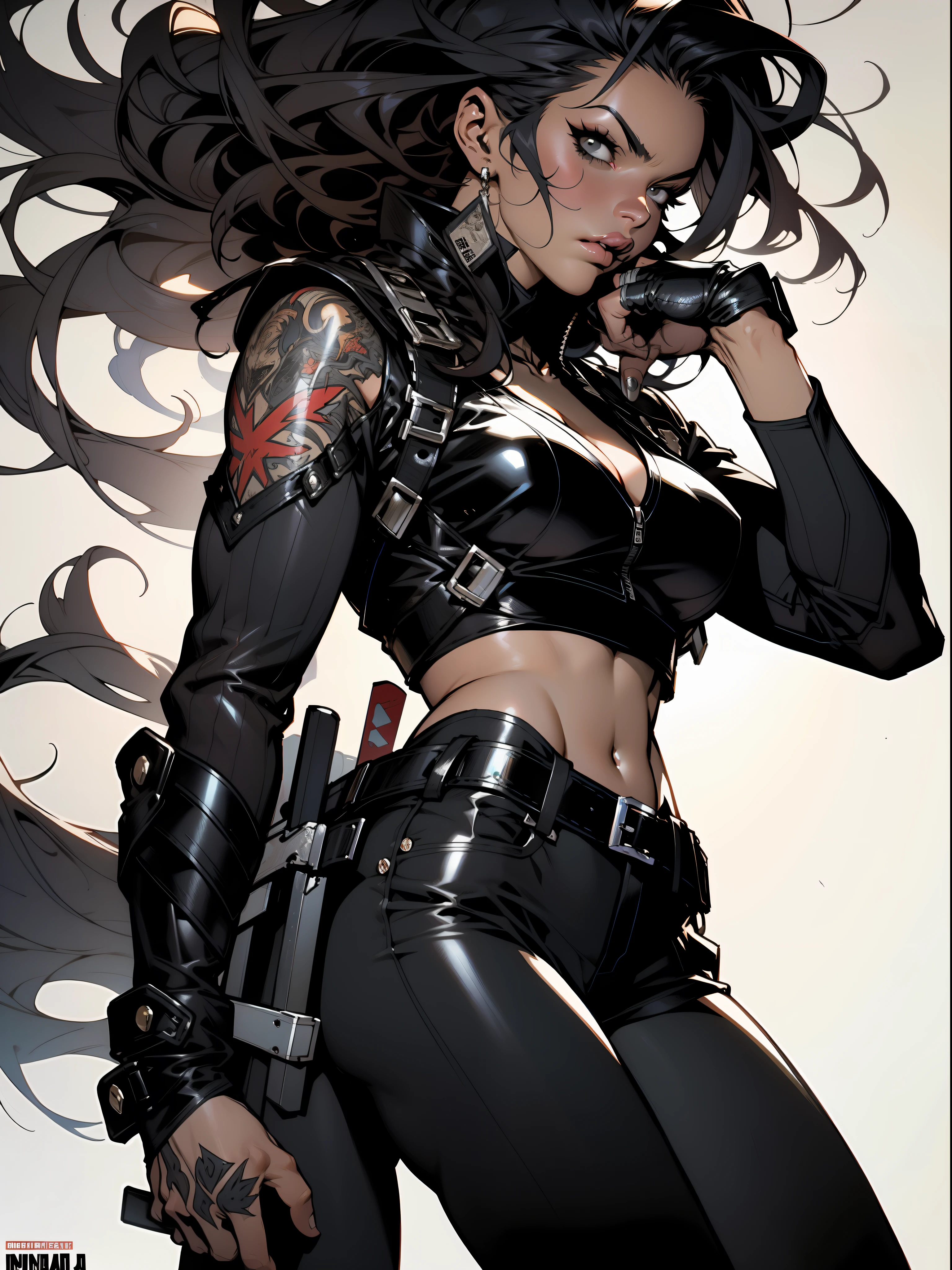 Uma guerreira mulher de 35 anos musculosa quase nua no estilo Simon Bisley para a capa da revista Heavy Metal, cabelo metade preto metade branco, Minimum clothing, Roupas curtas,