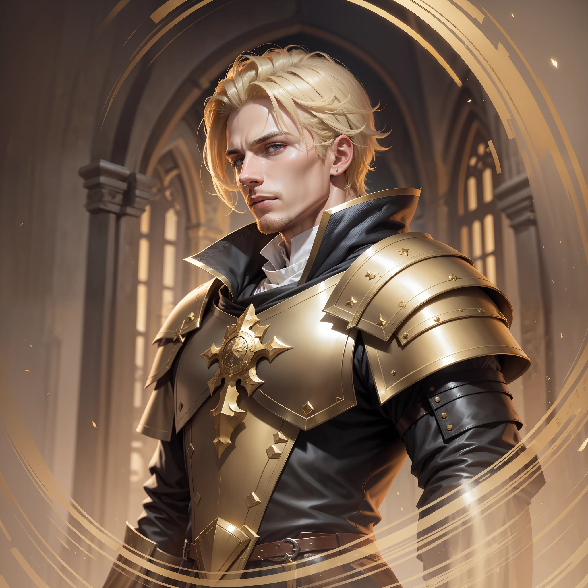 Realistic image of a blonde man with short hair, Hairstyles back, black male cleric clothes with golden shoulder pads, trending at artstation, casimiro arte, Retrato da barbatana wildcloak, Asgardiano, descending a dark staircase from a dungeon