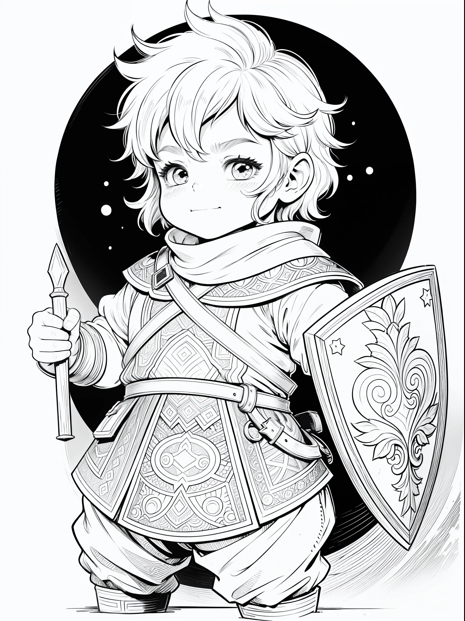 A cute dwarf boy holding a shield, (outline illustration for a coloring page), anime style, playful facial expression, focusing on character, black and white illustration