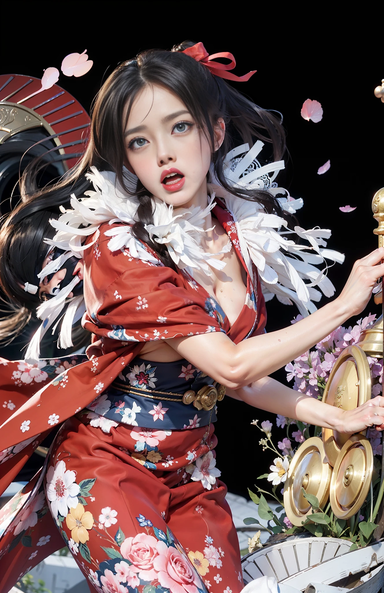 (female:1.2) (bodybuilder:0.8), hyper realistic, masterpiece, photorealistic, real skin, detailed face, detailed skin, detailed lighting, 1girl, (blue eyes), large breasts, kimono, long hair, black hair, red lips, open mouth, cry, crying, sad face, tears