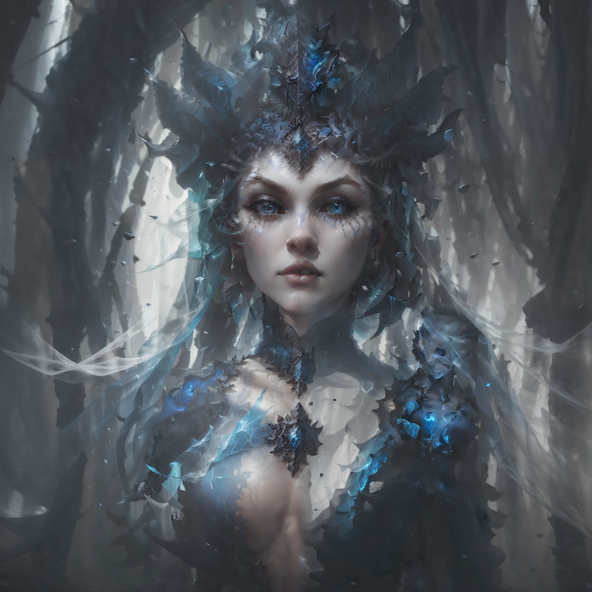 ilustration, mulher, cinematic lighti, mais alta qualidade, ultra realismo detalhado, rosto detalhado, olhos detalhados, melhor qualidade, hiper detalhado, Funciona antes, Obra-antes, Qualidade Superior, Melhor, Arte Oficial, Beautiful and Aesthetic, Long Exposure: 1 mulher elegantes e finos, Charming Patterns, Icy witch woman, palida branca, eyes covered by a veil made of ice, Her body is covered with pieces of ice detailed in a beautiful black dress, bruxa, inverno, trono de gelo, bruxaria, Tom de Magia em Azul, brilho forte em azul neon, rainha, majestade, ao fundo uma nevasca cobrindo o ambiente. retrato frontal, corpo inteiro
