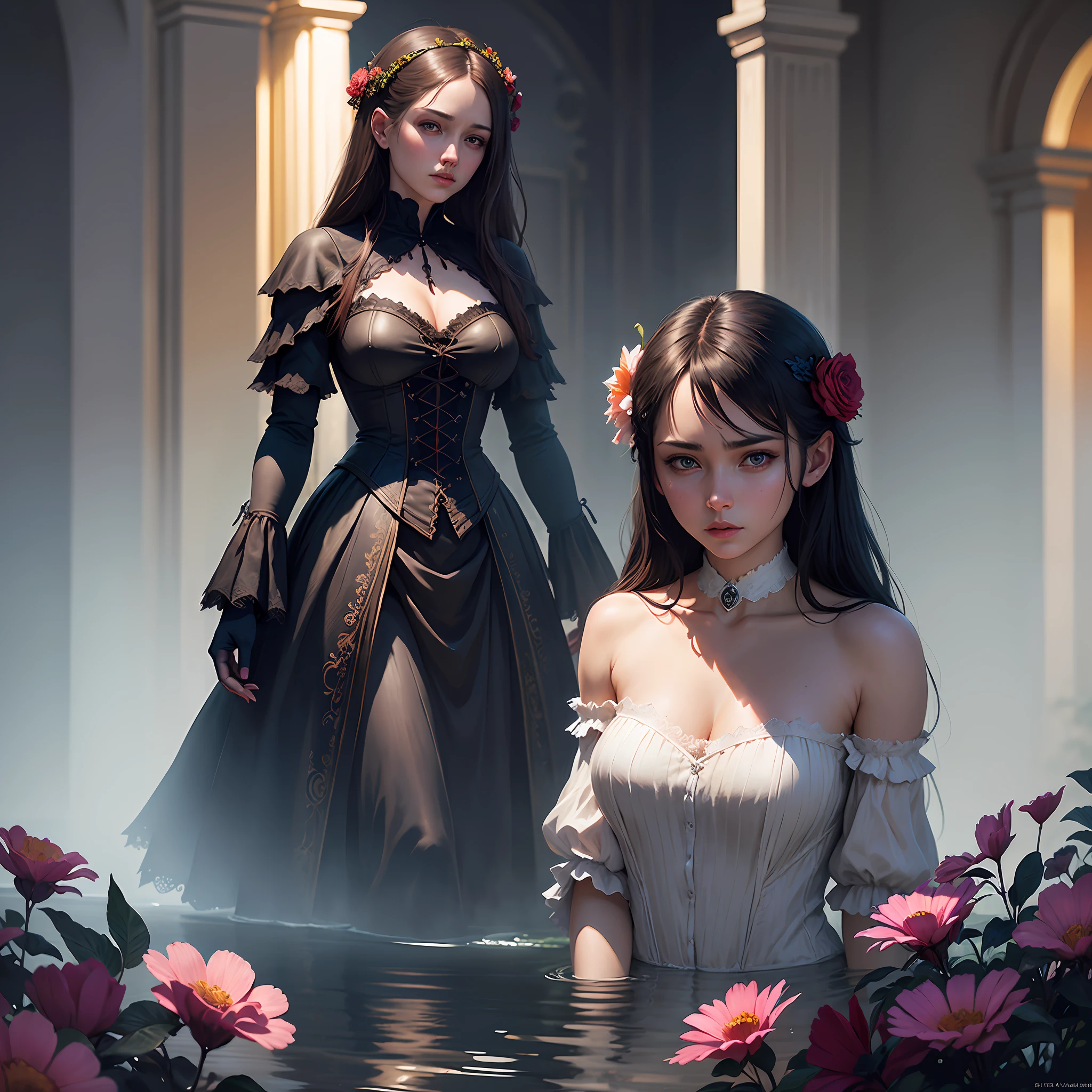 Kathy Weldon、Olga Kvasha、A flower full of water droplets by Miho Hirano，Ultra-detailed complex Gothic art trends on Artstation Ternary Color Unreal Engine 5 Detailed matte painting in Unreal Engine 5，brunet，Dreamy，complex detail，Start screen，complementary colors，fantasy concept art，8k resolution，A masterpiece of Gothic deviation art，（Dark shots：0.9），The art of Greg Rutkowski and Artgerm，Soft cinematic light，Adobe Lightroom， photolab，HDR，sophisticated，highly-detailed，（Depth of field：2.5）