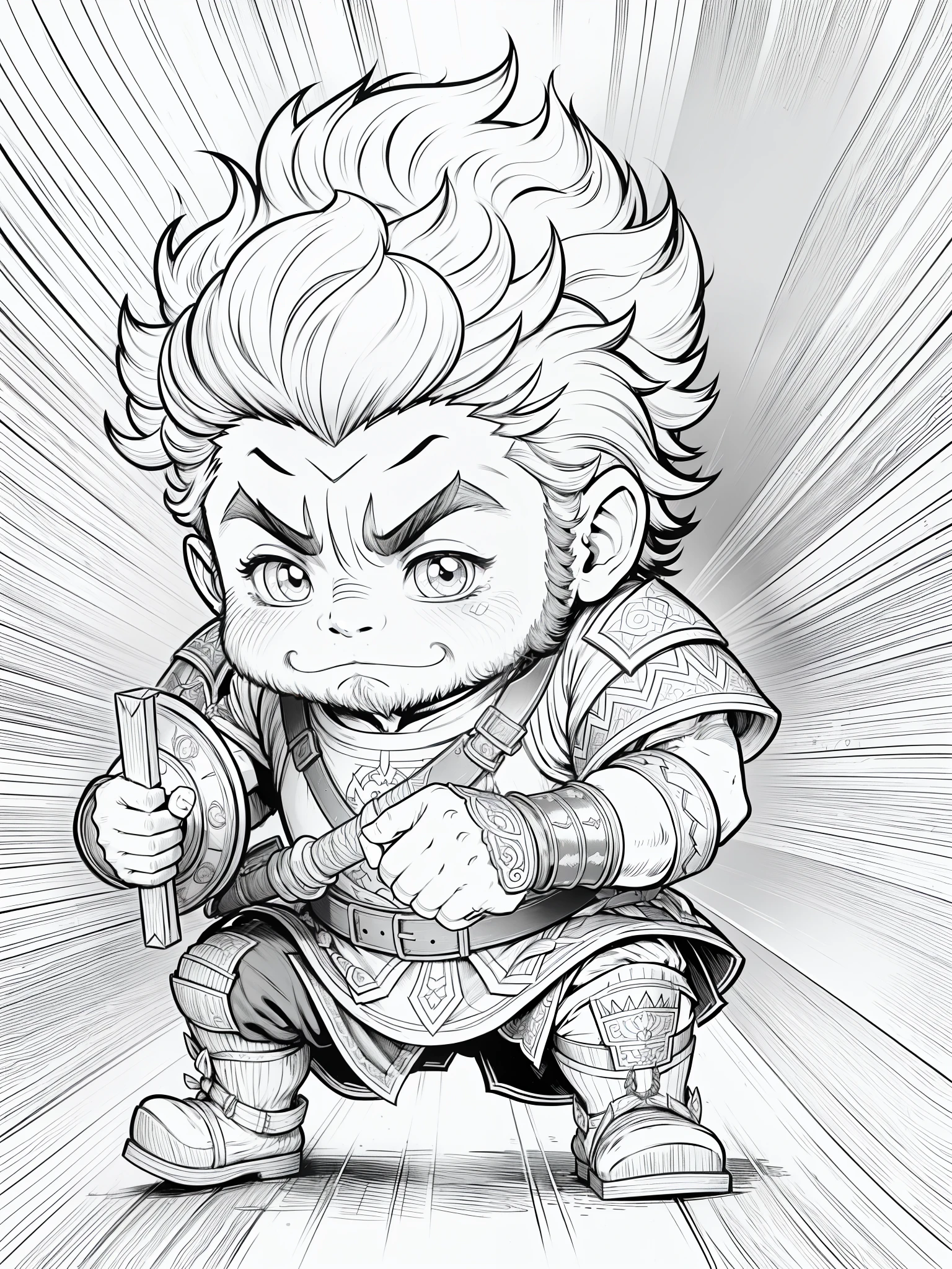 An archer elf boy, bow and arrows, (outline illustration for a coloring page), anime style, playful facial expression, focusing on character, black and white illustration