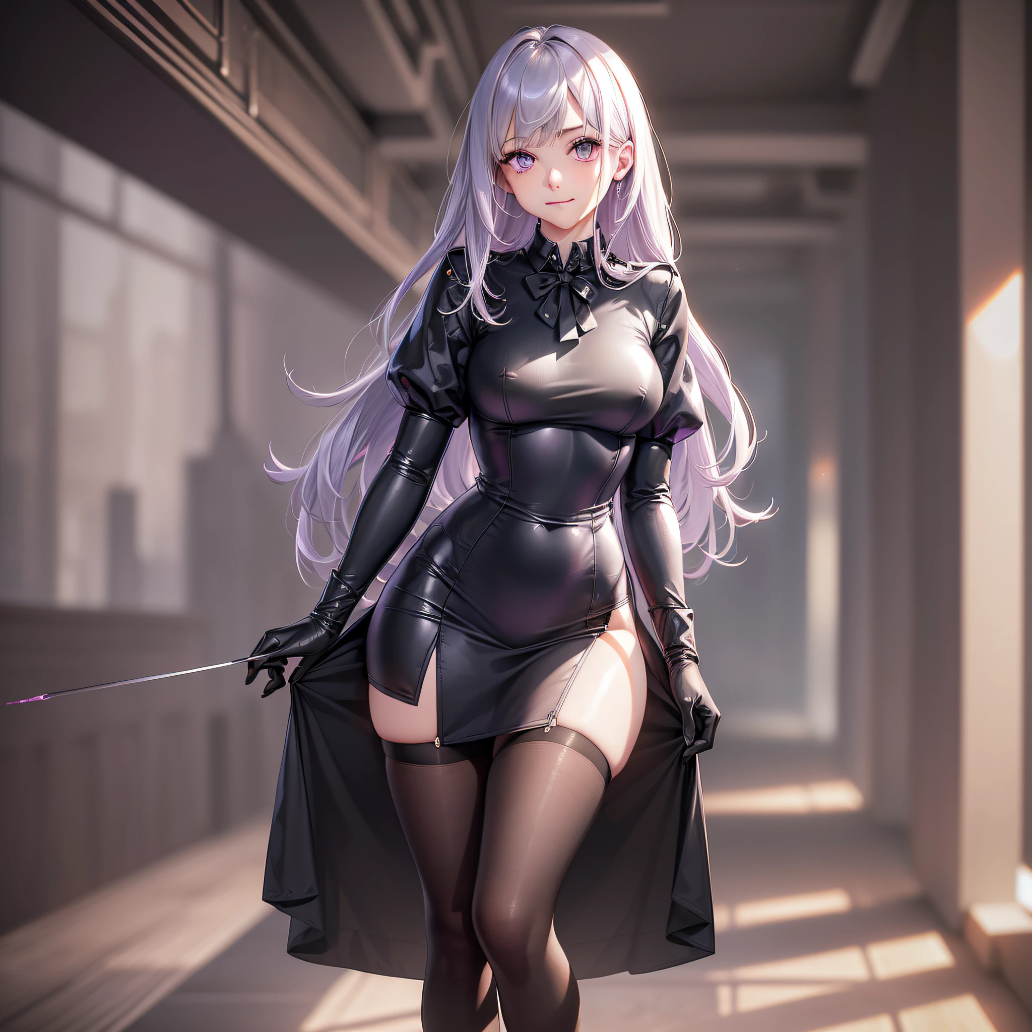 1girl,beautiful vintage color, instagram (photorealistic, high resolution:1.4), ((puffy eyes)), looking at viewer, , full body (8k, RAW photo, best quality, masterpiece:1.2), (realistic, photo-realistic:1.37),(sharp focus:1.2), professional lighting, photon mapping, radiosity, physically-based rendering, (pale skin:1.2),(small breasts:1.2), looking at viewer, (middle hair:1.5), portrait, purple eyes, (sliver hair:1.1),bangs, (simple background:1.4), solo, upper body, realistic,(masterpiece:1.4),(best quality:1.4),(shiny skin),fashi-girl,makeup,smile(skinny,closed mouth,shy :1.3) ,(standing,black Stewardess uniform,Necromancer:1.1),medium bust,sexy pose , japanese idol