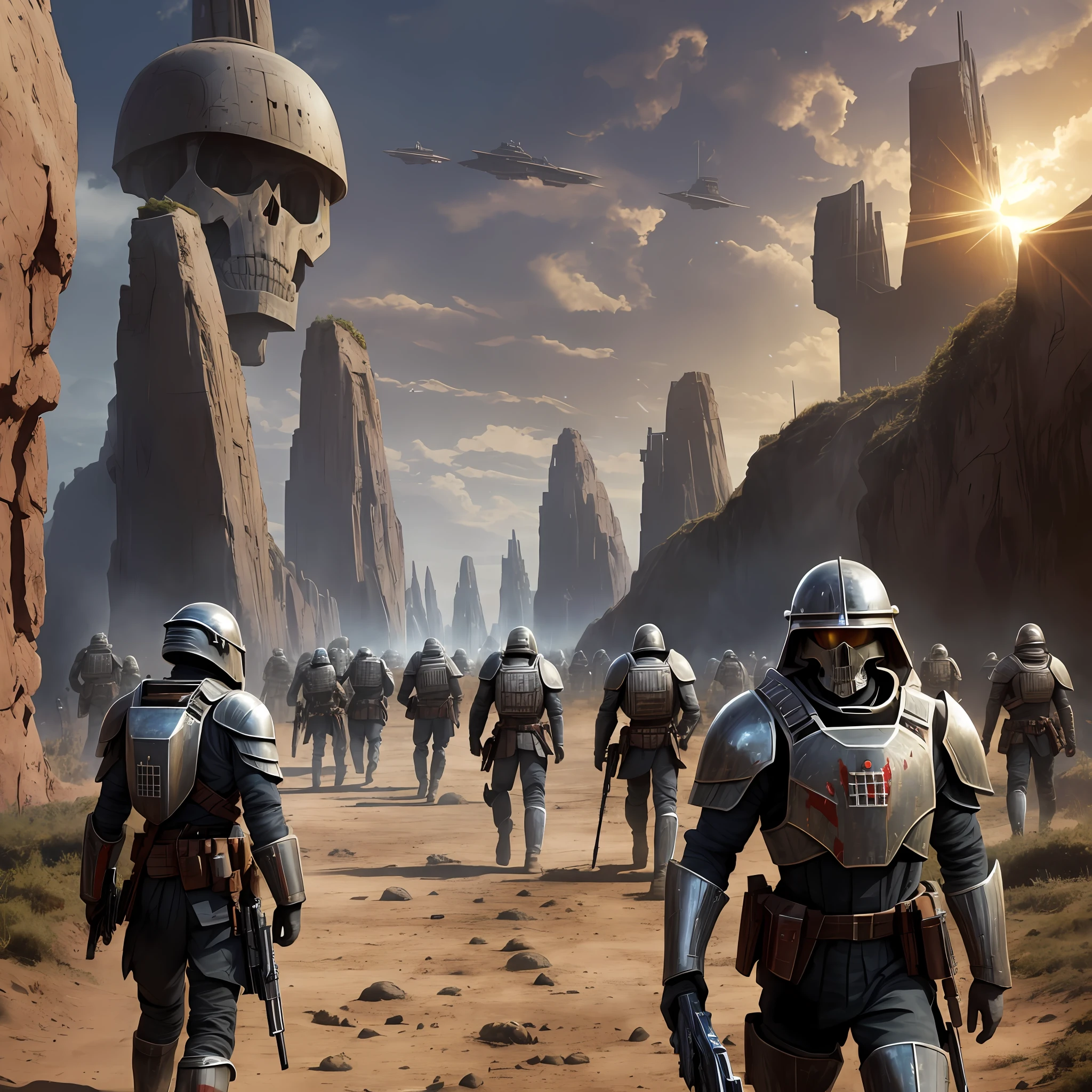Troop of warriors, soldiers, on a planet, aliens shooting, blood dying, clean background, strong shadows, realism, (sci-fi), iron ships, ships in the shape of a human skull. Steel armor, energy projectors. Trenches, galactic (1.2 --auto --s2