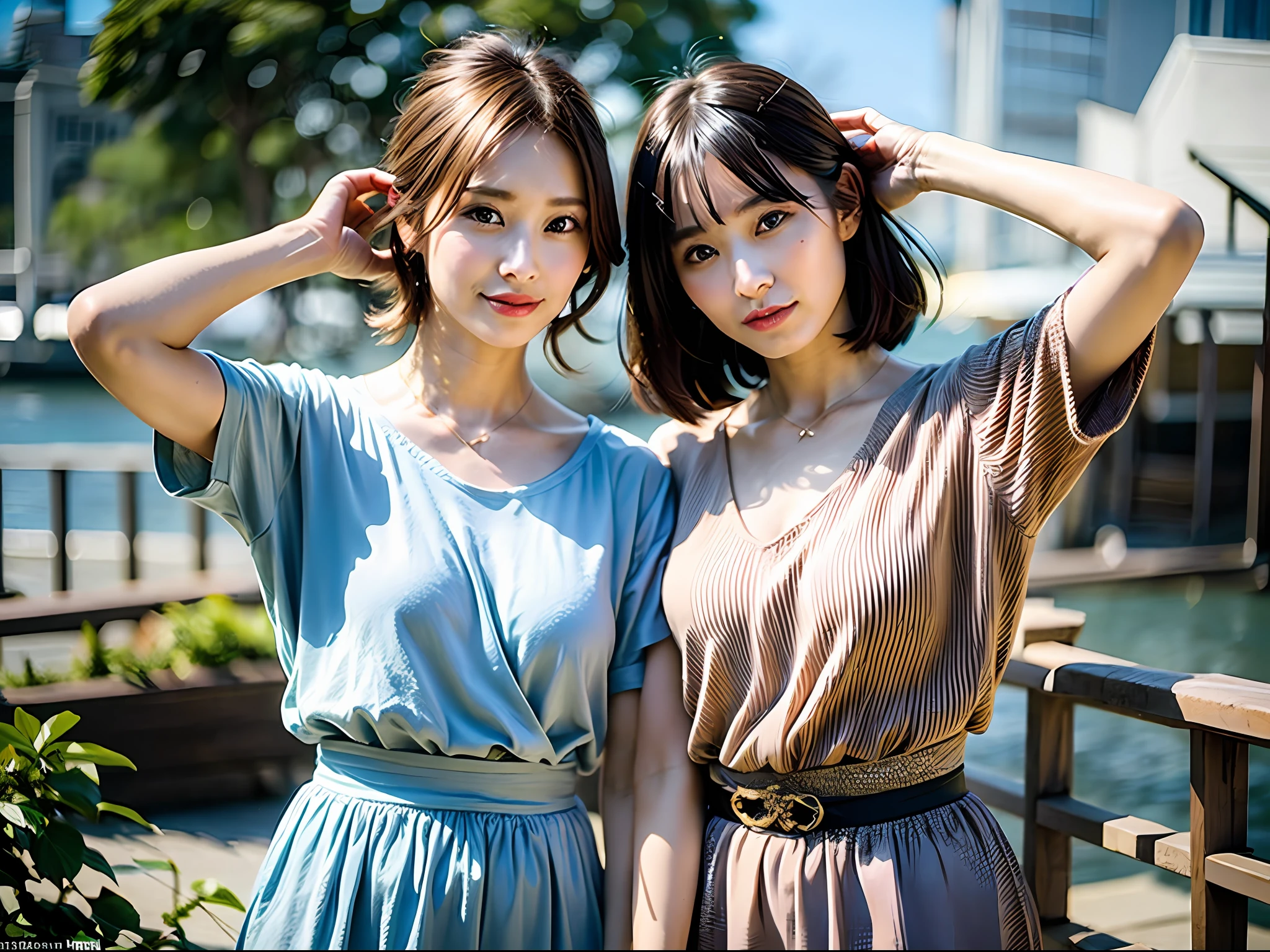 (8k, highest quality, masterpiece:1.2),(hair_style), (realistic, photorealistic:1.37), highest quality, masterpiece, photographed on a wooden deck where you can see the sky and the sea in the summer sunshine, [small breasts], [Small chest], two models with different atmospheres, well-balanced placement of two people with perspective, one photo, high balance, backlight, camera angle from below, hand over hair, morning to noon Shot in natural light, hair style and fashion style in line with Japanese trends in 2023, realistic, lifelike, super detailed, beautiful features, 30s, actress, Japanese/Russian half model, elaborate CG, slender, cute , Adult-like, hairstyles are two models, long and bob, matching the 2023 Japanese fashion, hair fluttering in the wind, delicate skin texture, fine details and softness of hair, model's hair The color of is slightly bright and soft, glossy makeup, the fashion style is a short-length t-shirt that matches the trend of the summer of 2023, and the bright-colored surf fashion gives a lively impression