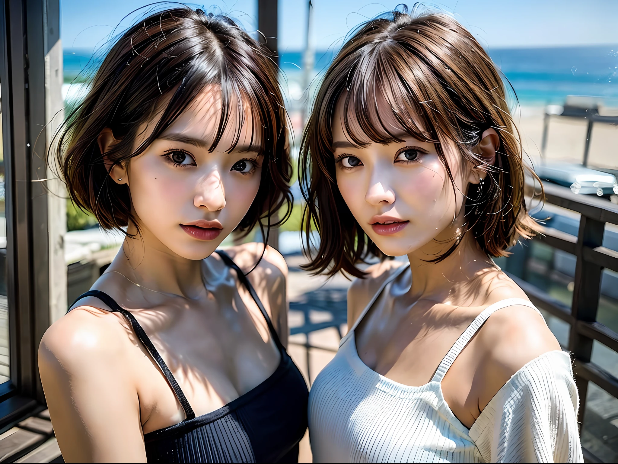 (8k, highest quality, masterpiece:1.2),(hair_style), (realistic, photorealistic:1.37), highest quality, masterpiece, photographed on a wooden deck where you can see the sky and the sea in the summer sunshine, [small breasts], [Small chest], two models with different atmospheres, well-balanced placement of two people with perspective, one photo, high balance, backlight, camera angle from below, hand over hair, morning to noon Shot in natural light, hair style and fashion style in line with Japanese trends in 2023, realistic, lifelike, super detailed, beautiful features, 30s, actress, Japanese/Russian half model, elaborate CG, slender, cute , Adult-like, hairstyles are two models, long and bob, matching the 2023 Japanese fashion, hair fluttering in the wind, delicate skin texture, fine details and softness of hair, model's hair The color of is slightly bright and soft, glossy makeup, the fashion style is a short-length t-shirt that matches the trend of the summer of 2023, and the bright-colored surf fashion gives a lively impression