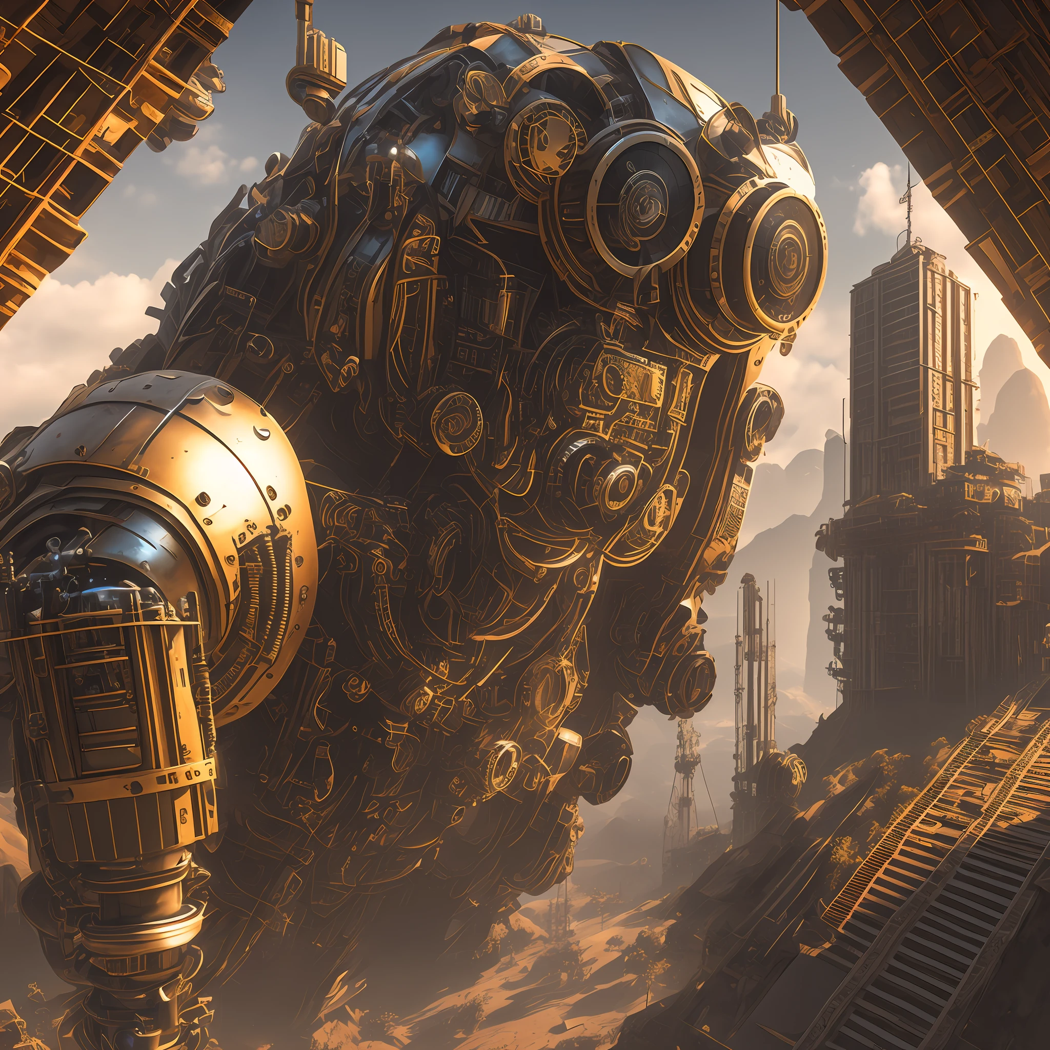 (Obra-prima, melhor qualidade, papel de parede em CG extremamente detalhado em 8k, cinematic lighting), Steampunk robot style, flutuando, machine gear head, luz ambiente, engrenagem em movimento, goggles, mechanical individual, cena industrial suja, tons de cobre e esmeralda, fundo de vista ampla.
