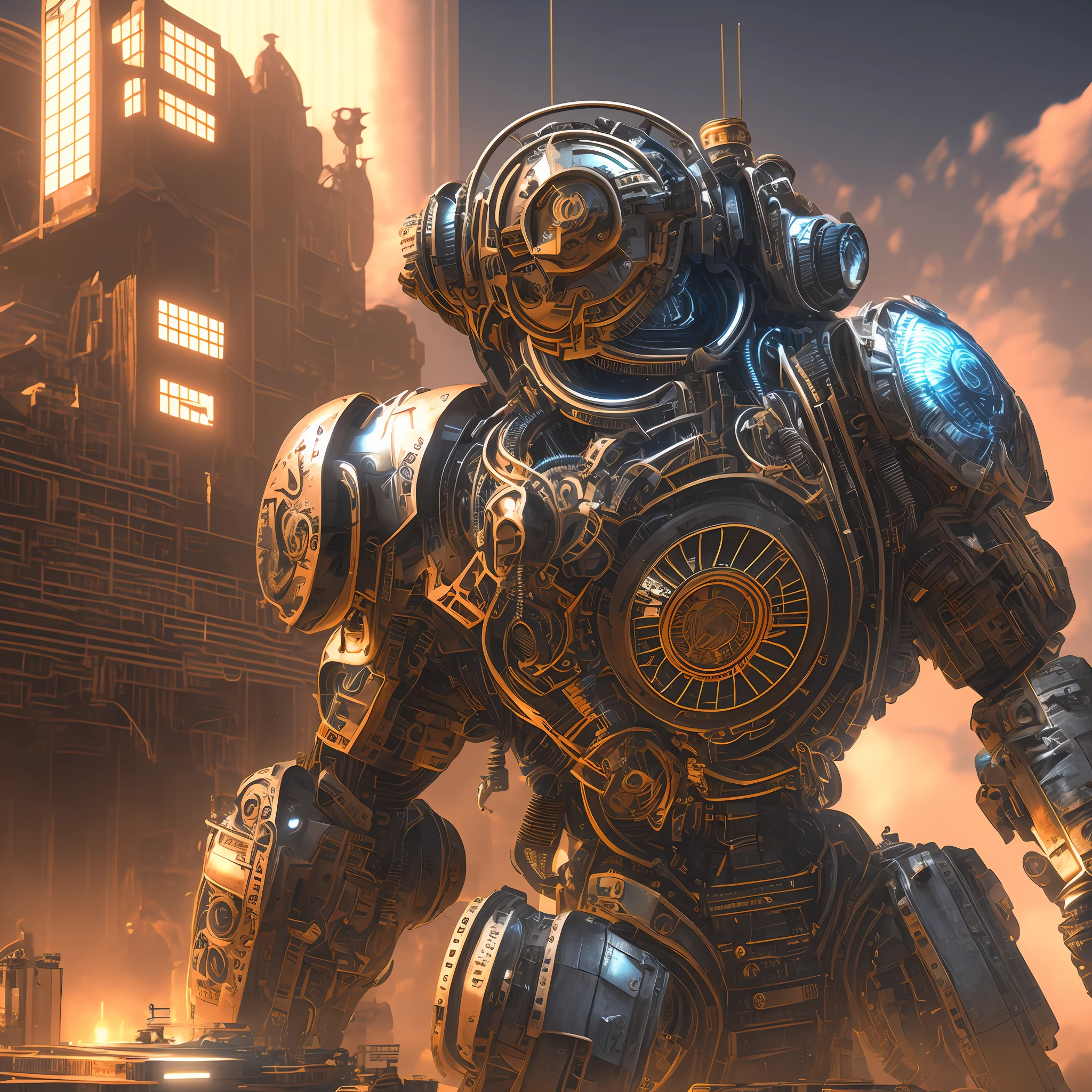 (Obra-prima, melhor qualidade, papel de parede em CG extremamente detalhado em 8k, cinematic lighting), Steampunk robot style, flutuando, machine gear head, luz ambiente, engrenagem em movimento, goggles, mechanical individual, cena industrial suja, tons de cobre e esmeralda, fundo de vista ampla.