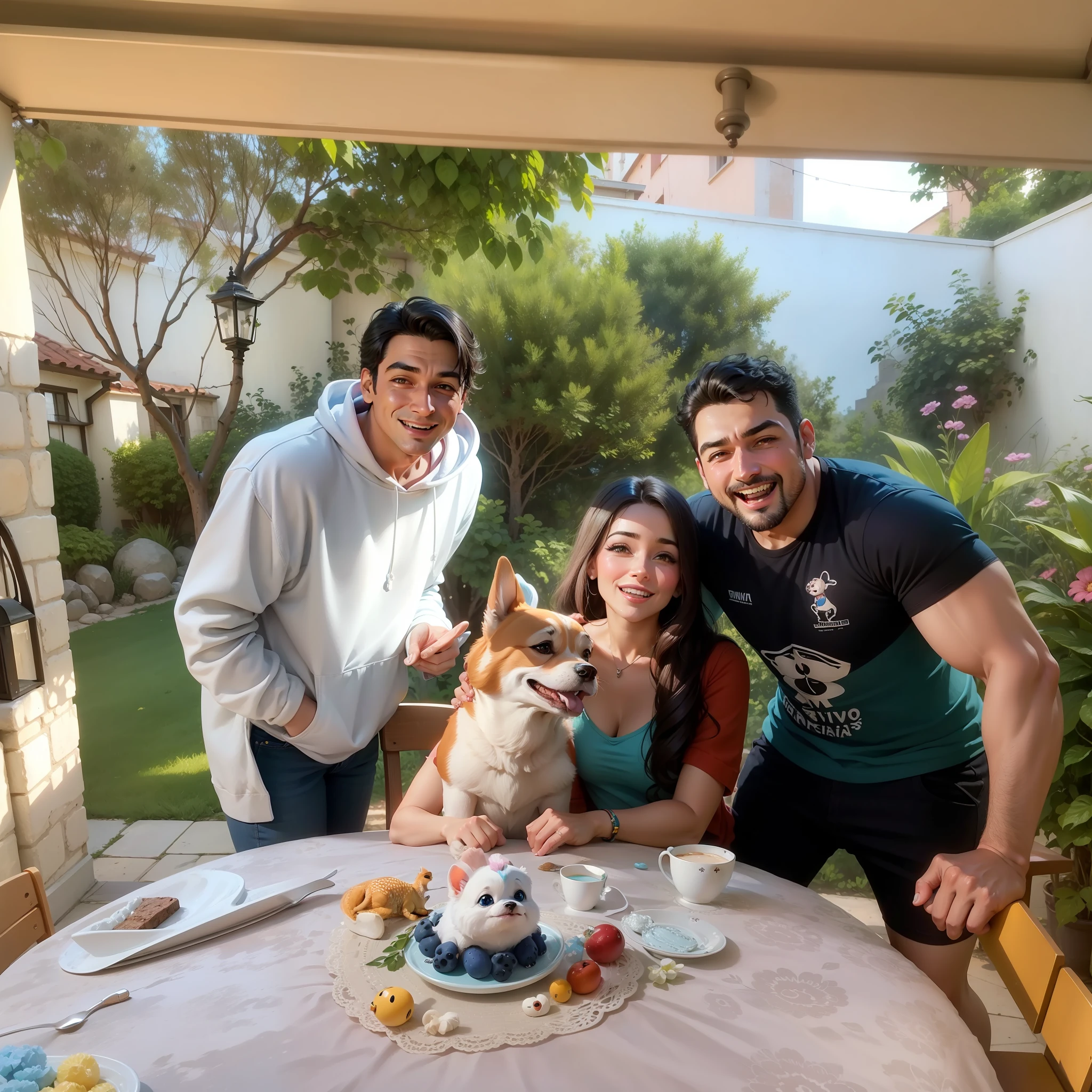 Por pixar, familia feliz, hiper realista, cores vibrantes, um cachorro feliz