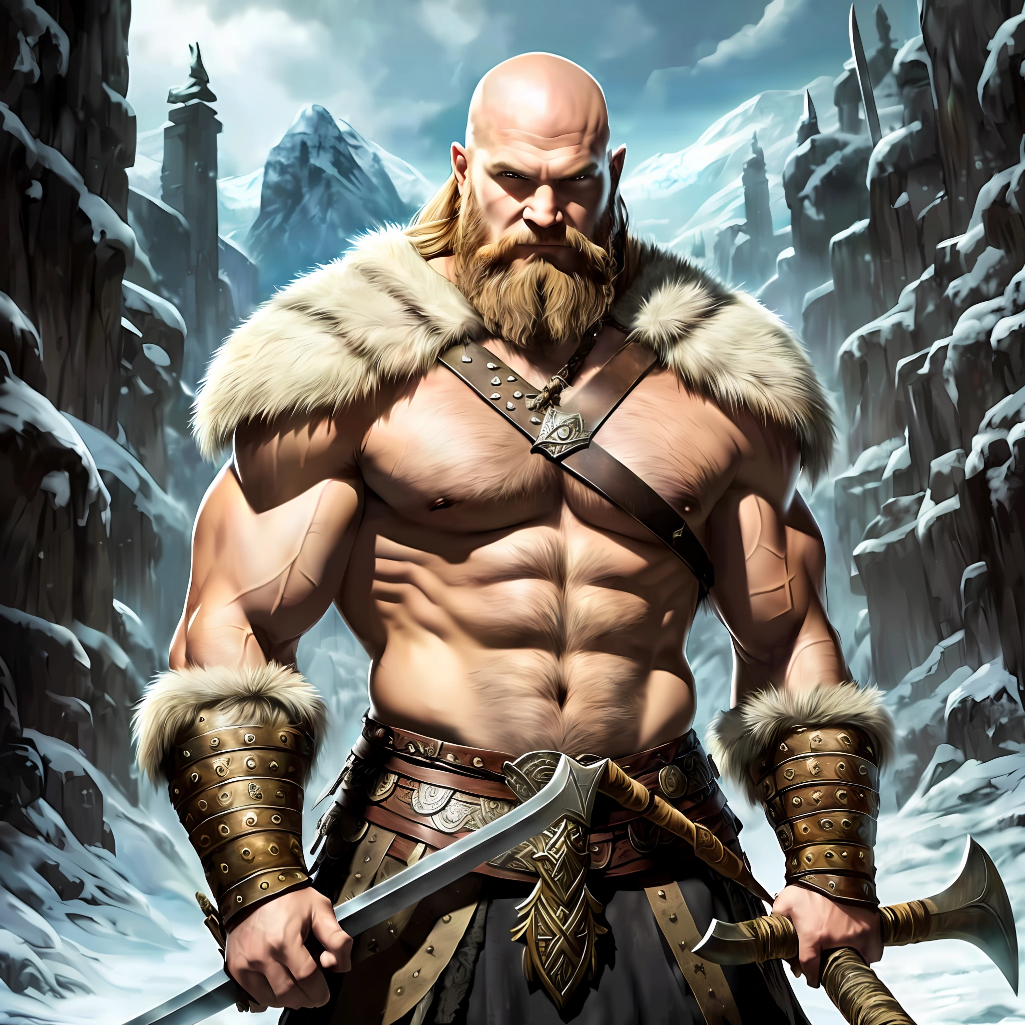 a bald person with a sword, fur coat, have axe in hand, barbarian warrior, barbarian, viking, norse warrior, epic fantasy character art, barbarian class, epic viking king, scandinavian / norse influenced, viking berserker, viking warrior, male barbarian, viking and templar aesthetics, ancient viking warrior, viking god, viking king, a fantasy warrior --auto --s2