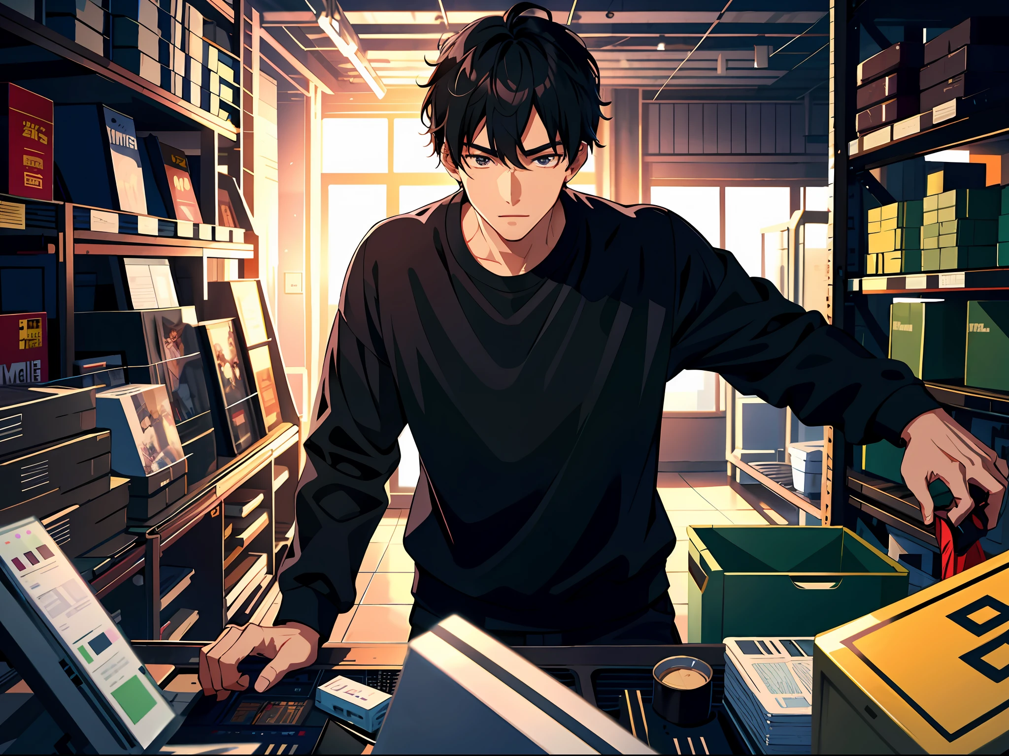 High resolution, highest quality, illustration, super detailed, a handsome Chinese black-haired youth in a black casual sweatshirt standing in the top warehouse of an aircraft carrier