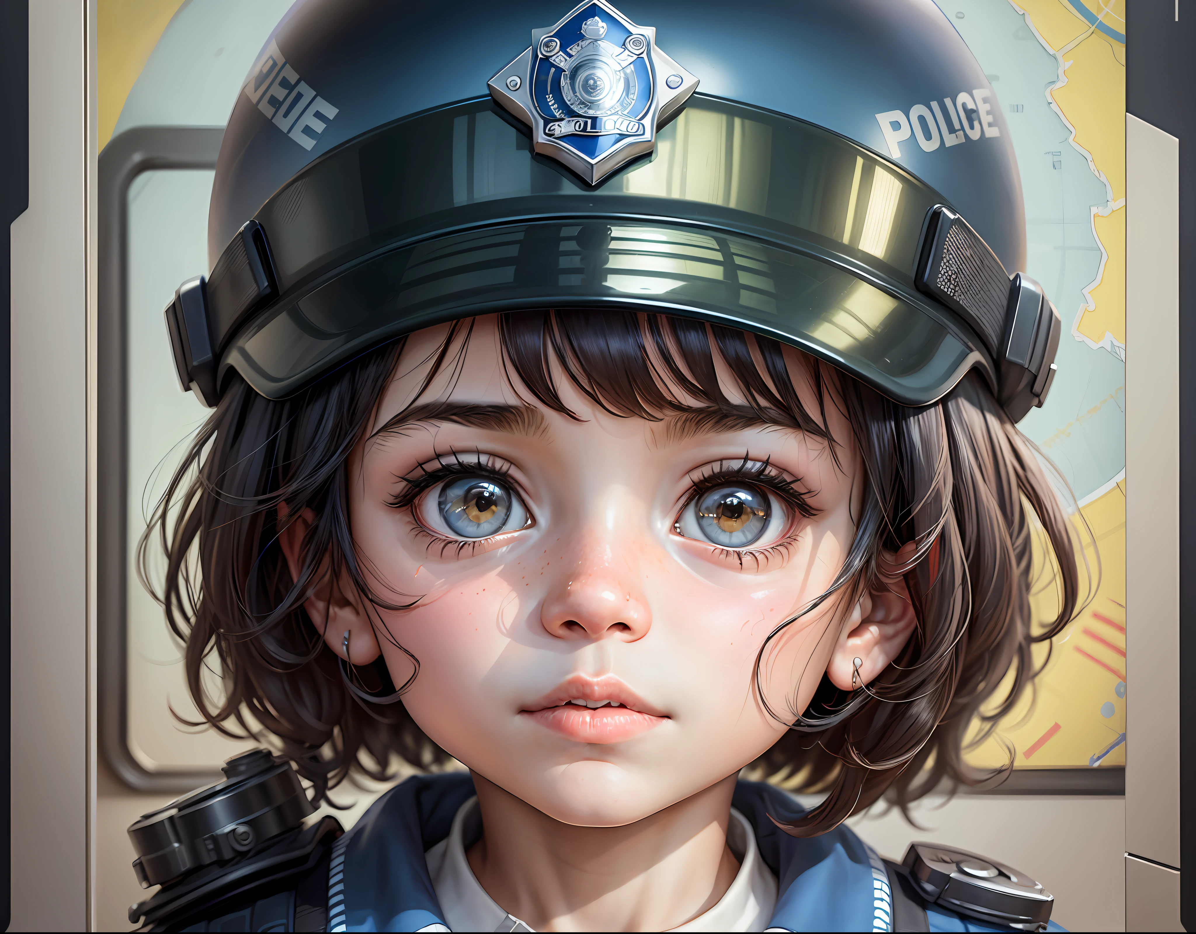 A 5-year-old child working in the police station in the Children's City and driving a motorcycle, serious and detailed facial features, wearing a police uniform, a wide look, natural colors, realism, a cinematic scene --auto --s2