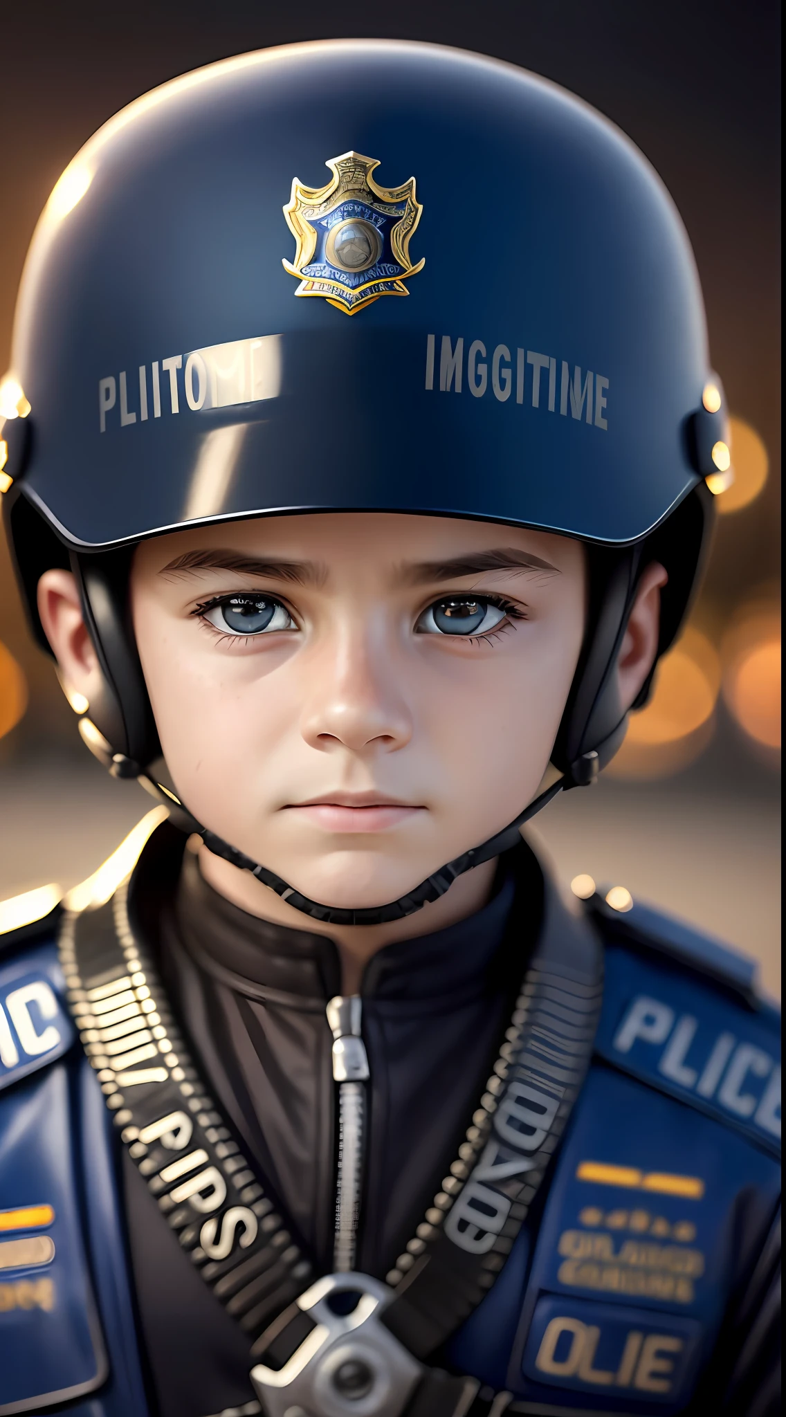 (a cinematic scene, ultra-detailed, extremely detailed, best quality, HD, wide shot, realism, natural colors, boy, aged 8, in police uniform, solemn and detailed facial features, motorcycle, best illumination)