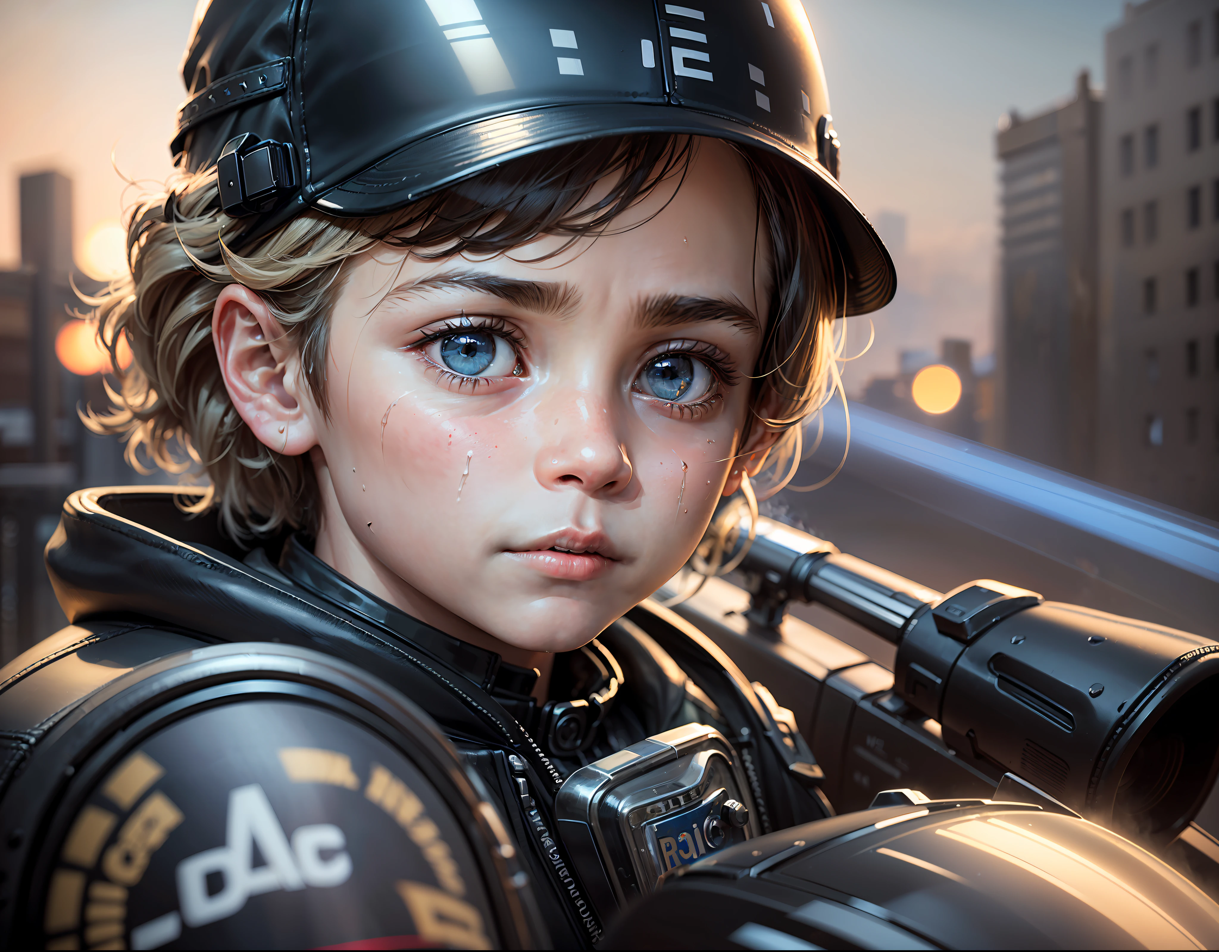(a cinematic scene, ultra-detailed, extremely detailed, best quality, HD, wide shot, realism, natural colors, boy, aged 8, in police uniform, solemn and detailed facial features, motorcycle, best illumination)