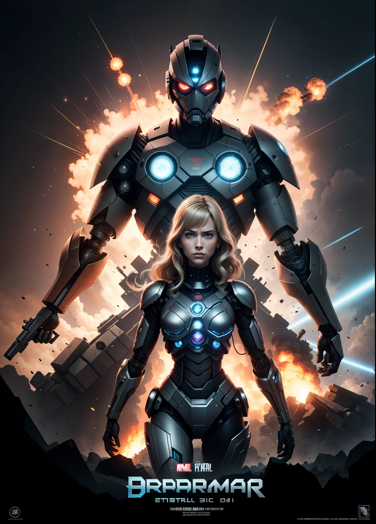 exterminador cyborg dispara grande arma , with explosions behind, cartaz do filme