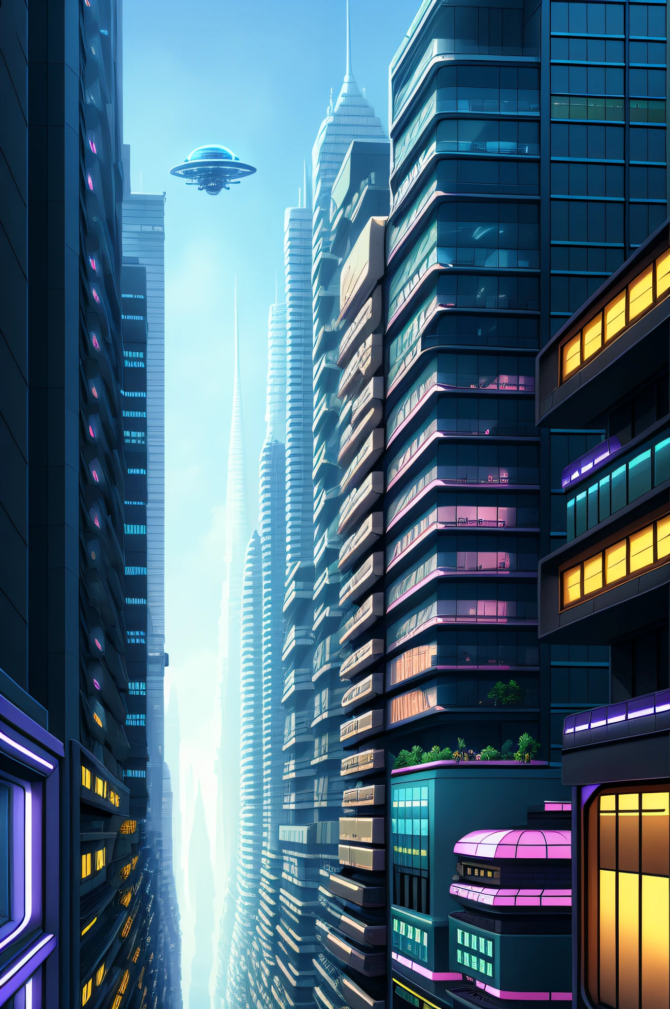An alien interplanetary city, with flying and alien buildings and cars on the streets