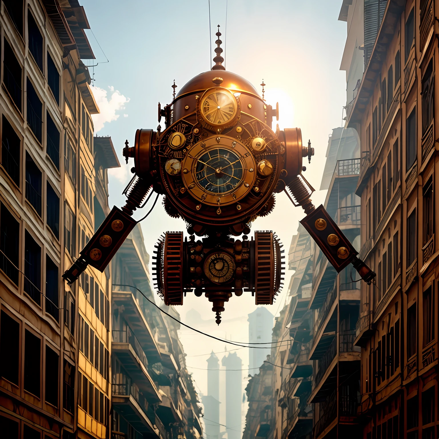 (melhor qualidade),(mestre em arte), Ultra aesthetics-detalhada steampunk, Floating robot in a chaotic city, luz indireta.