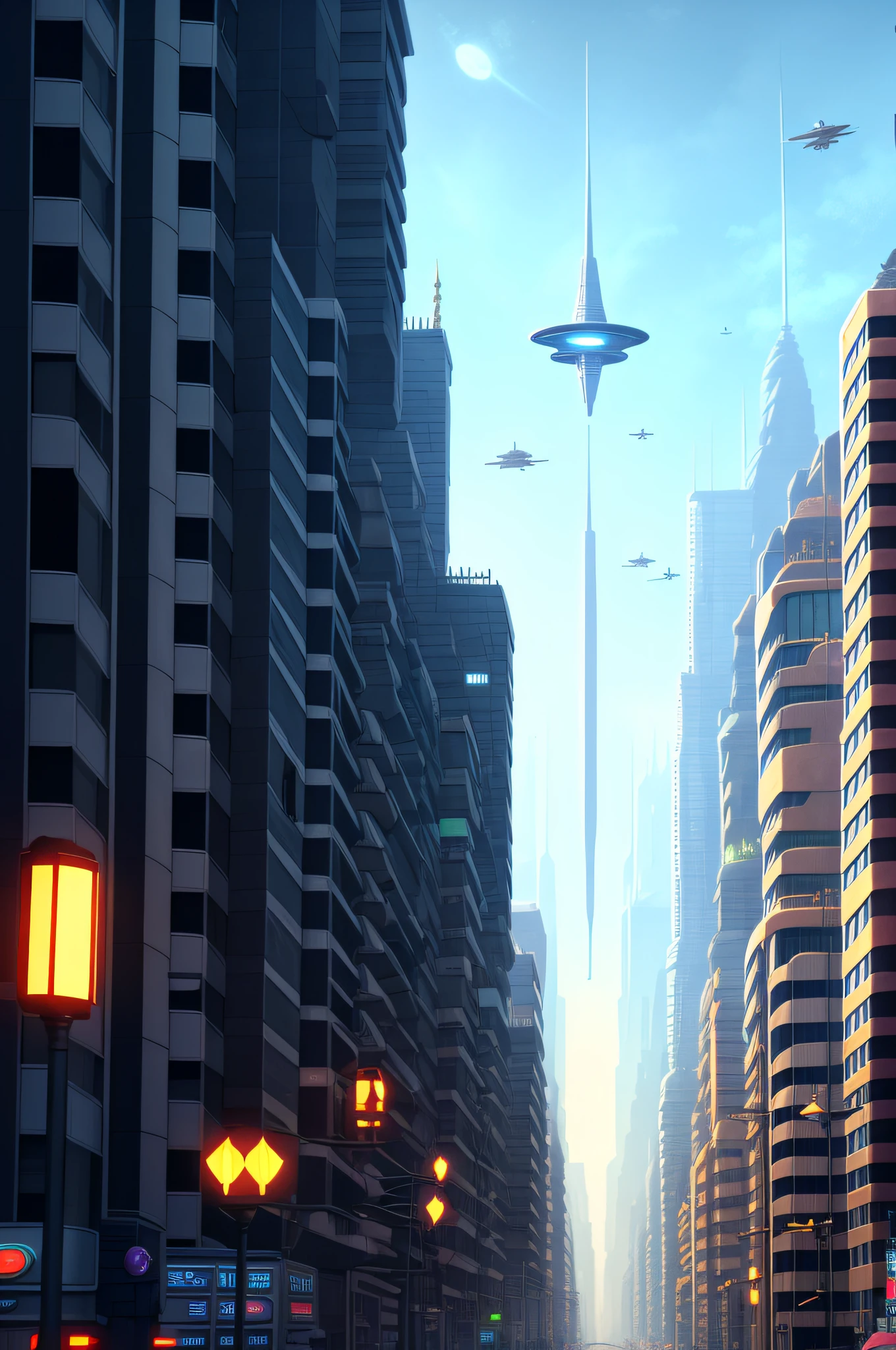 An alien interplanetary city, with flying and alien buildings and cars on the streets